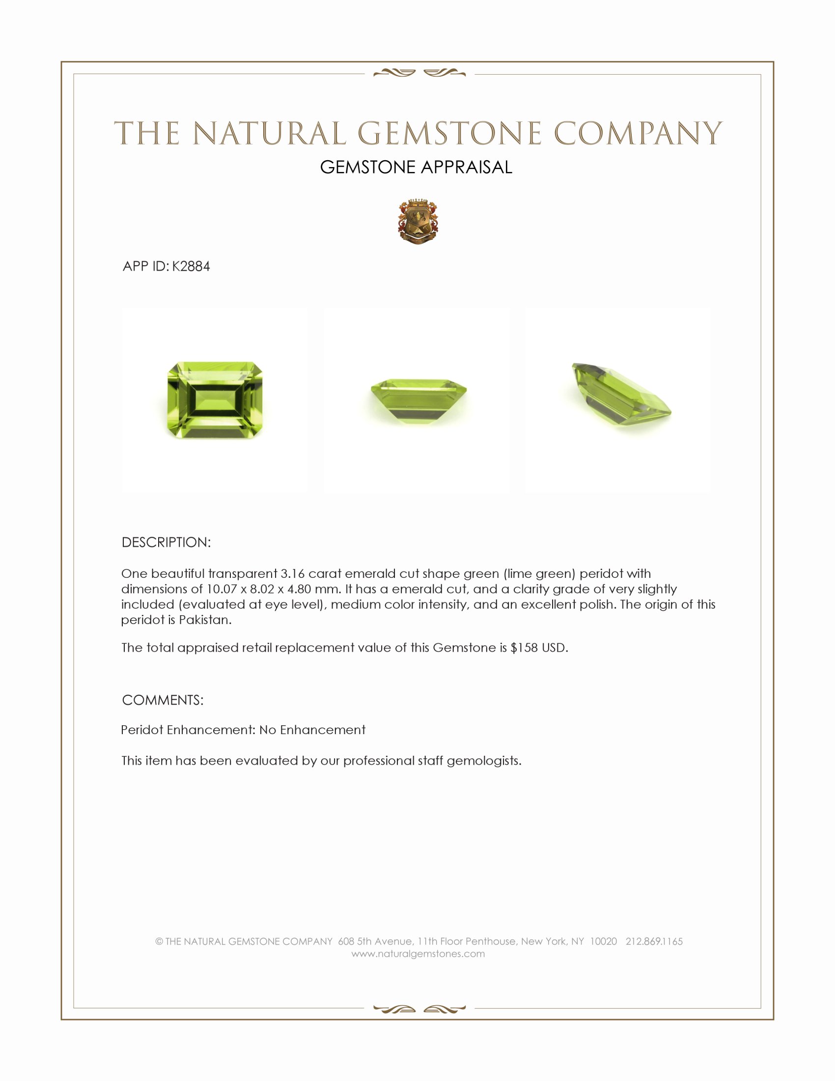3.16 Ct. Green (Lime Green) Peridot from Pakistan