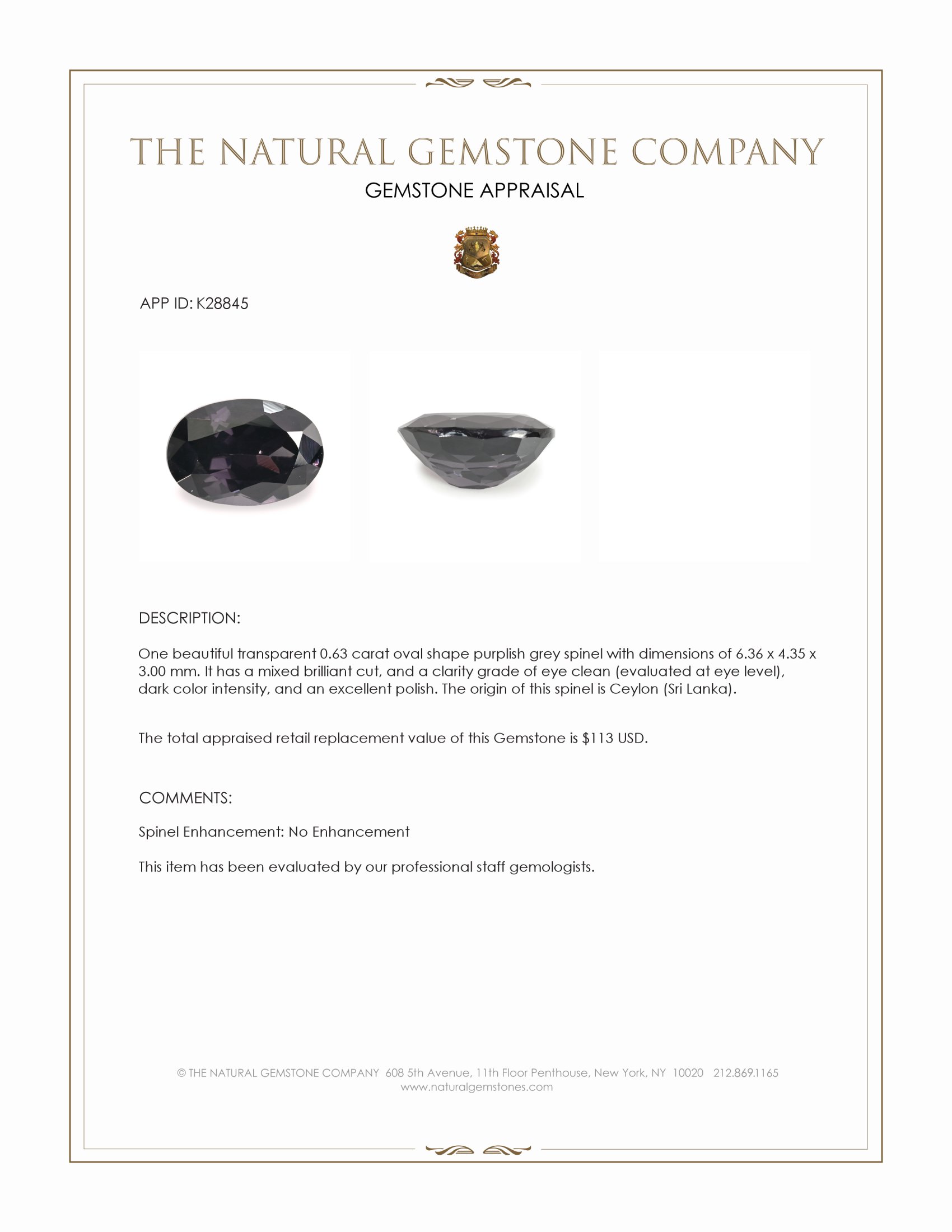 0.63 Ct. Purplish Grey Spinel from Ceylon (Sri Lanka)