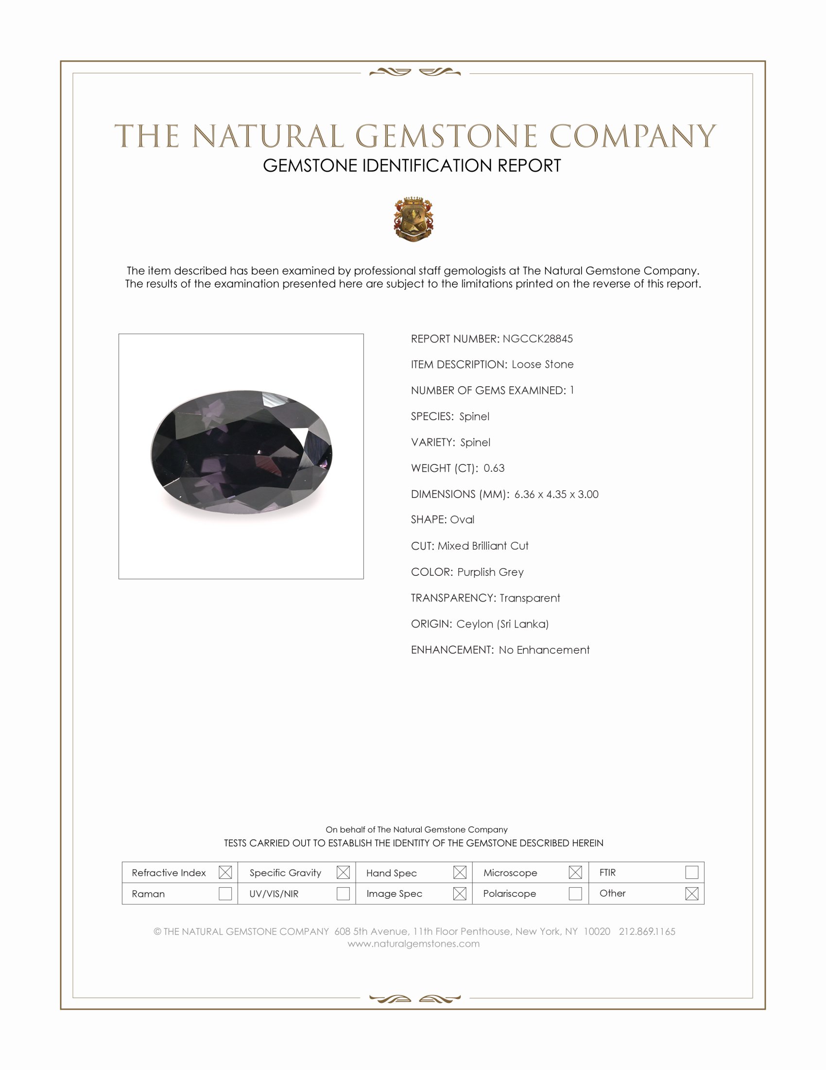 0.63 Ct. Purplish Grey Spinel from Ceylon (Sri Lanka)