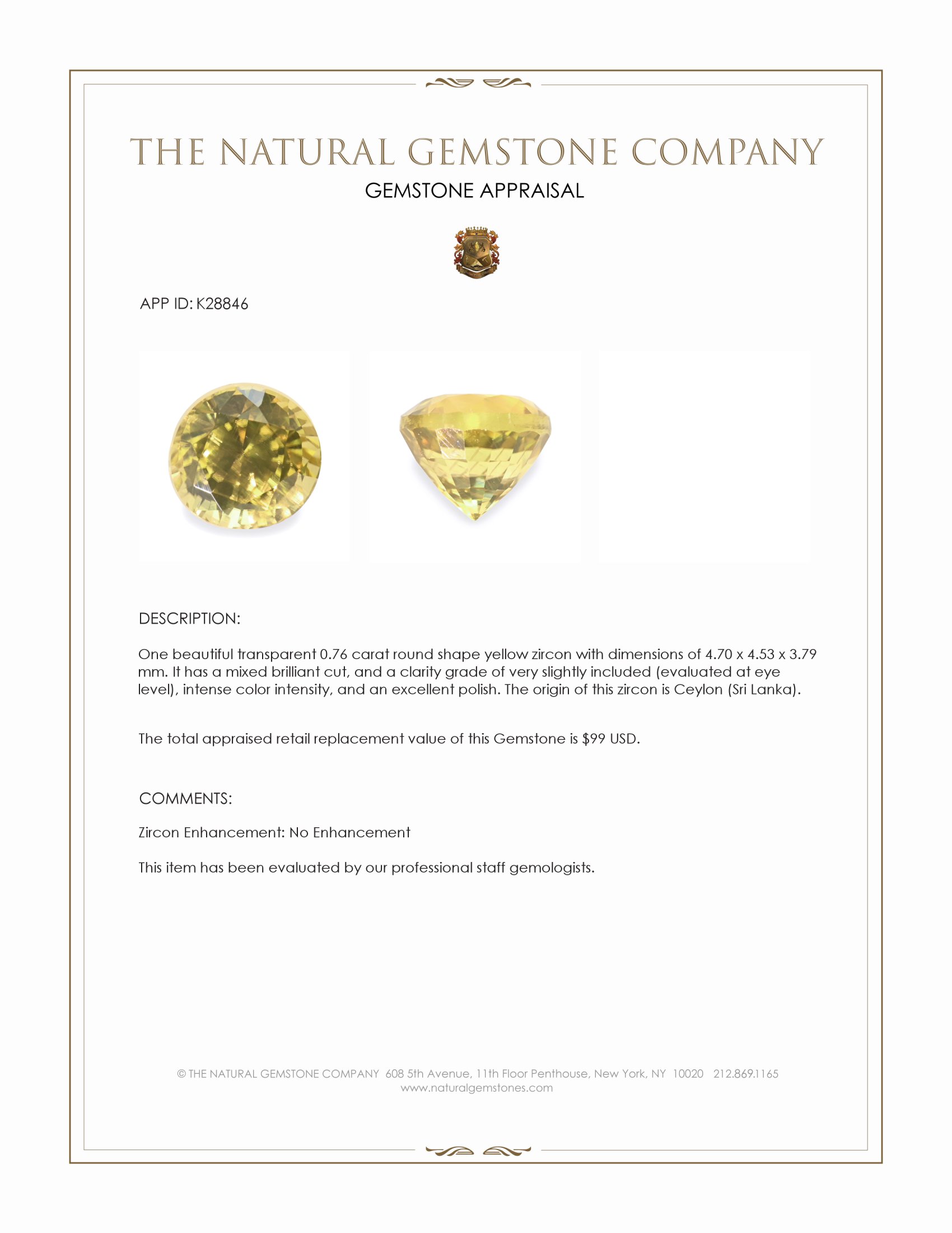 0.76 Ct. Yellow Zircon from Ceylon (Sri Lanka)