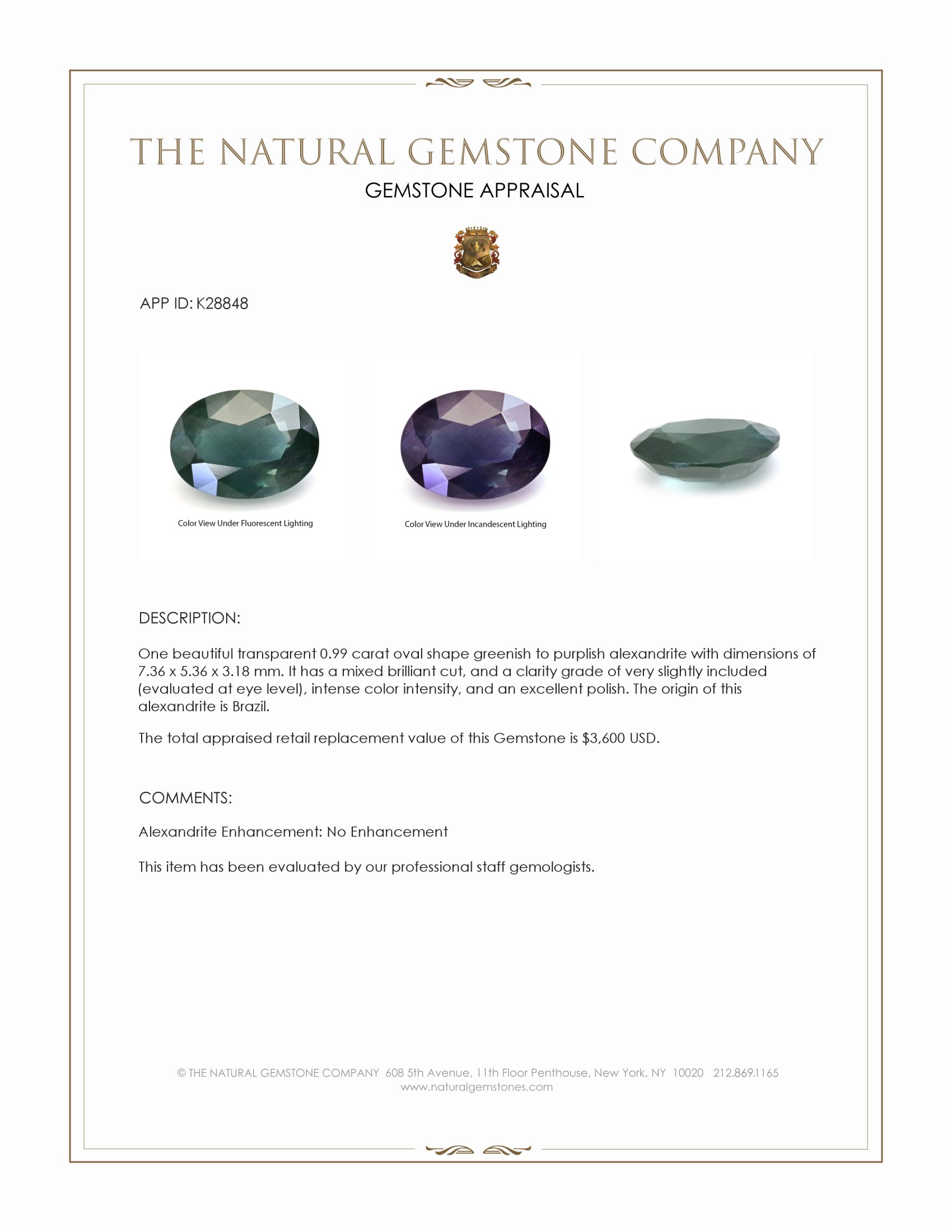 0.99 Ct. Alexandrite from Brazil
