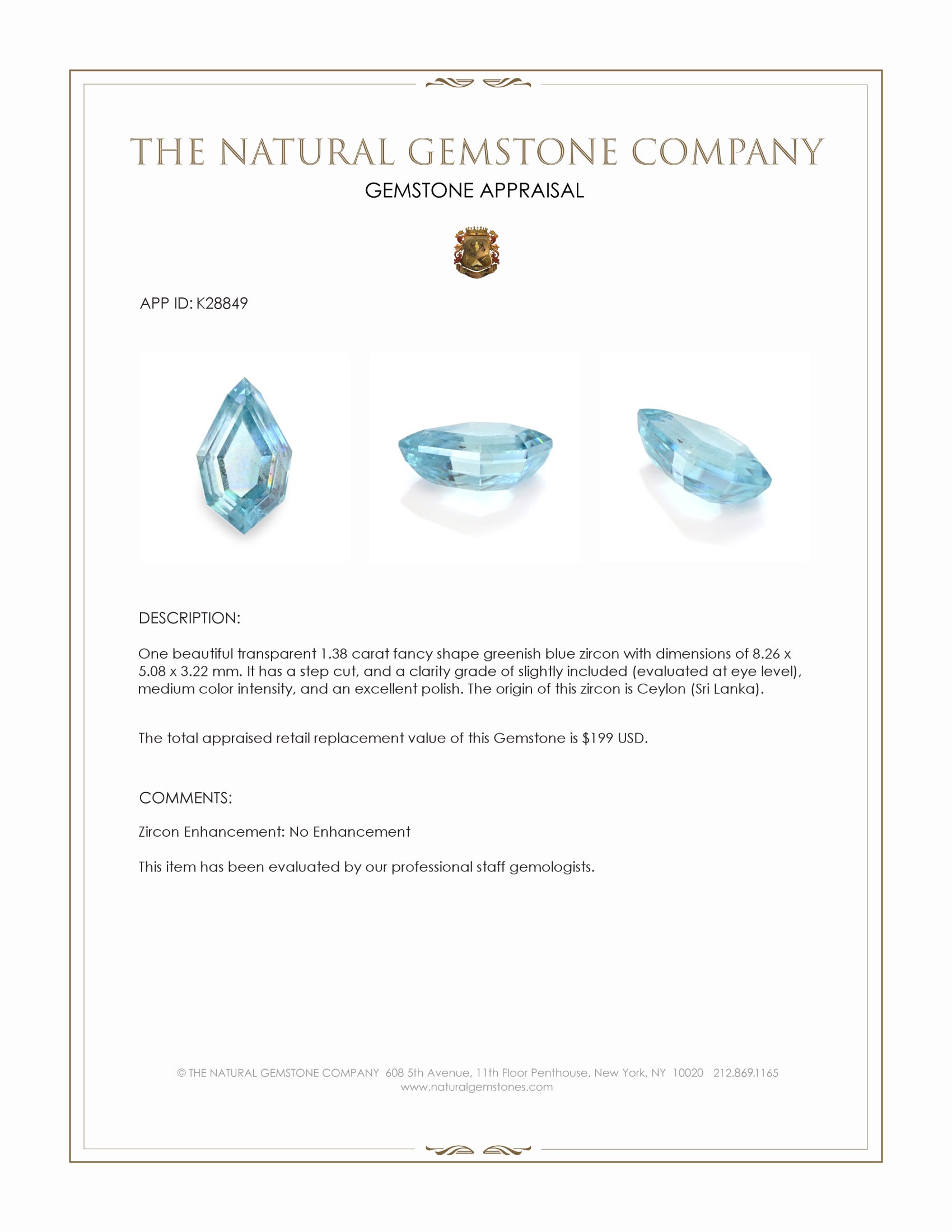 1.38 Ct. Greenish Blue Zircon from Ceylon (Sri Lanka)