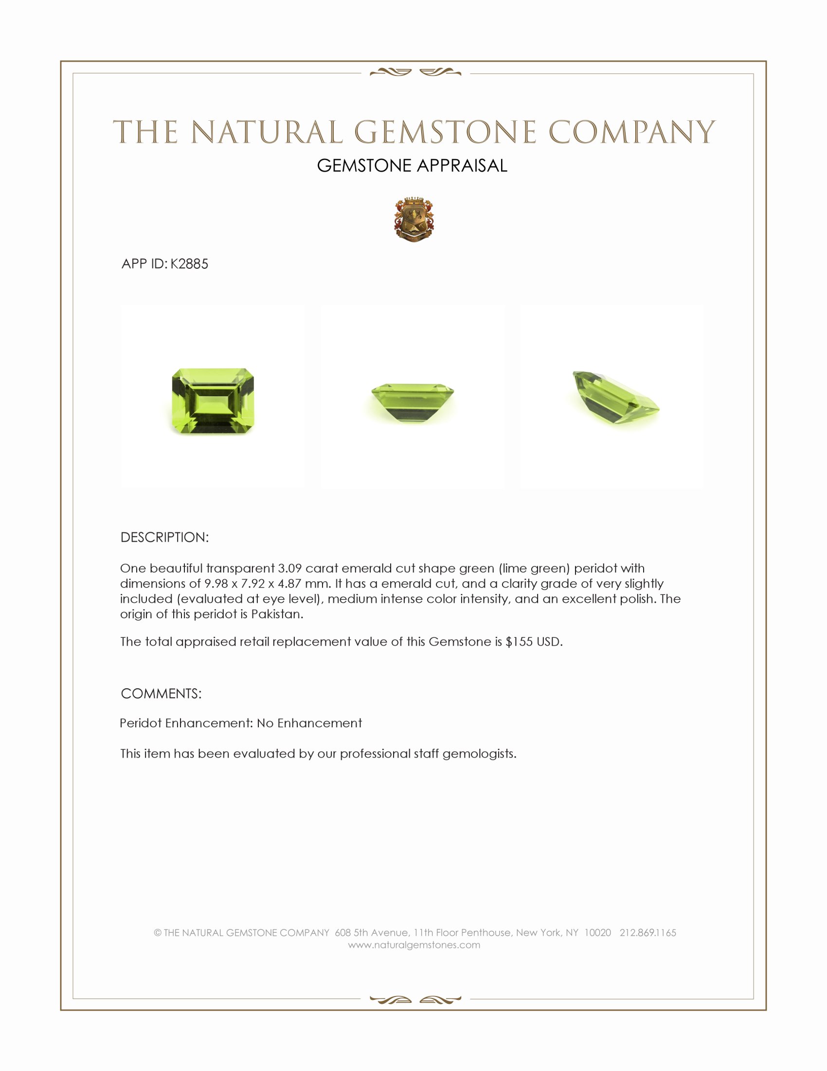 3.09 Ct. Green (Lime Green) Peridot from Pakistan
