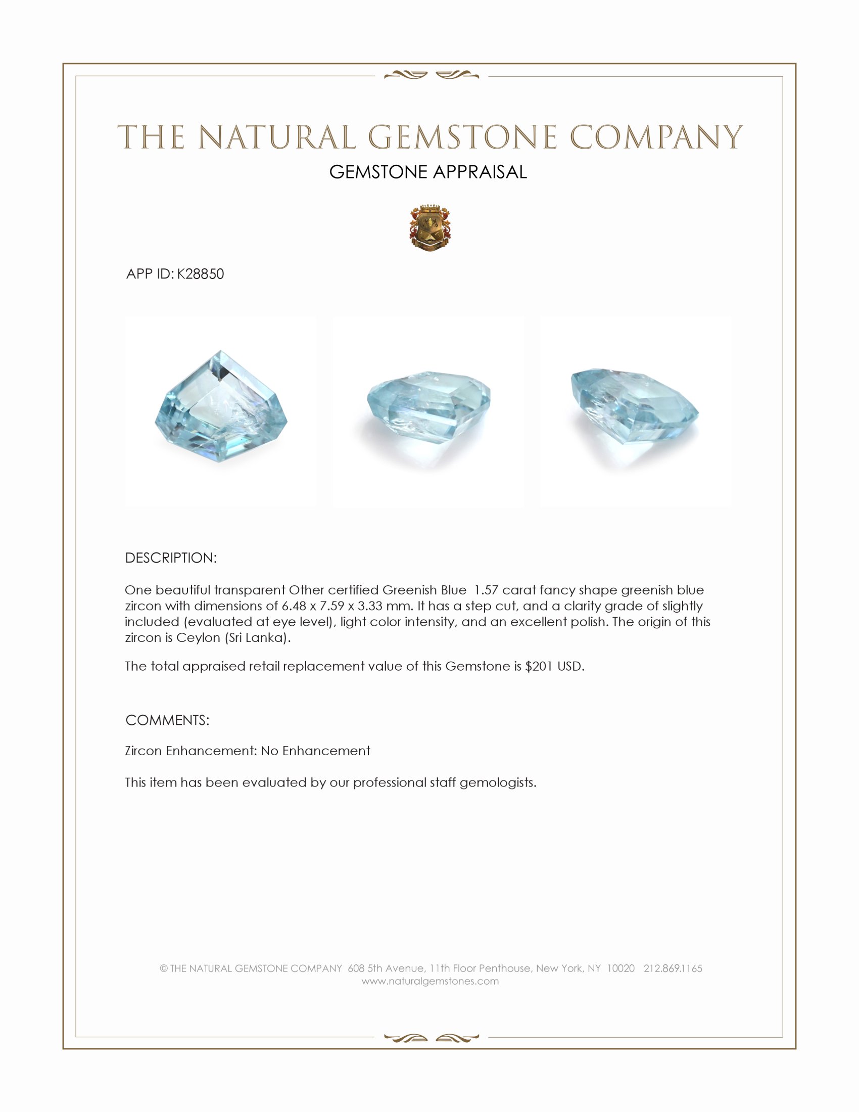 1.57 Ct. Greenish Blue Zircon from Ceylon (Sri Lanka)
