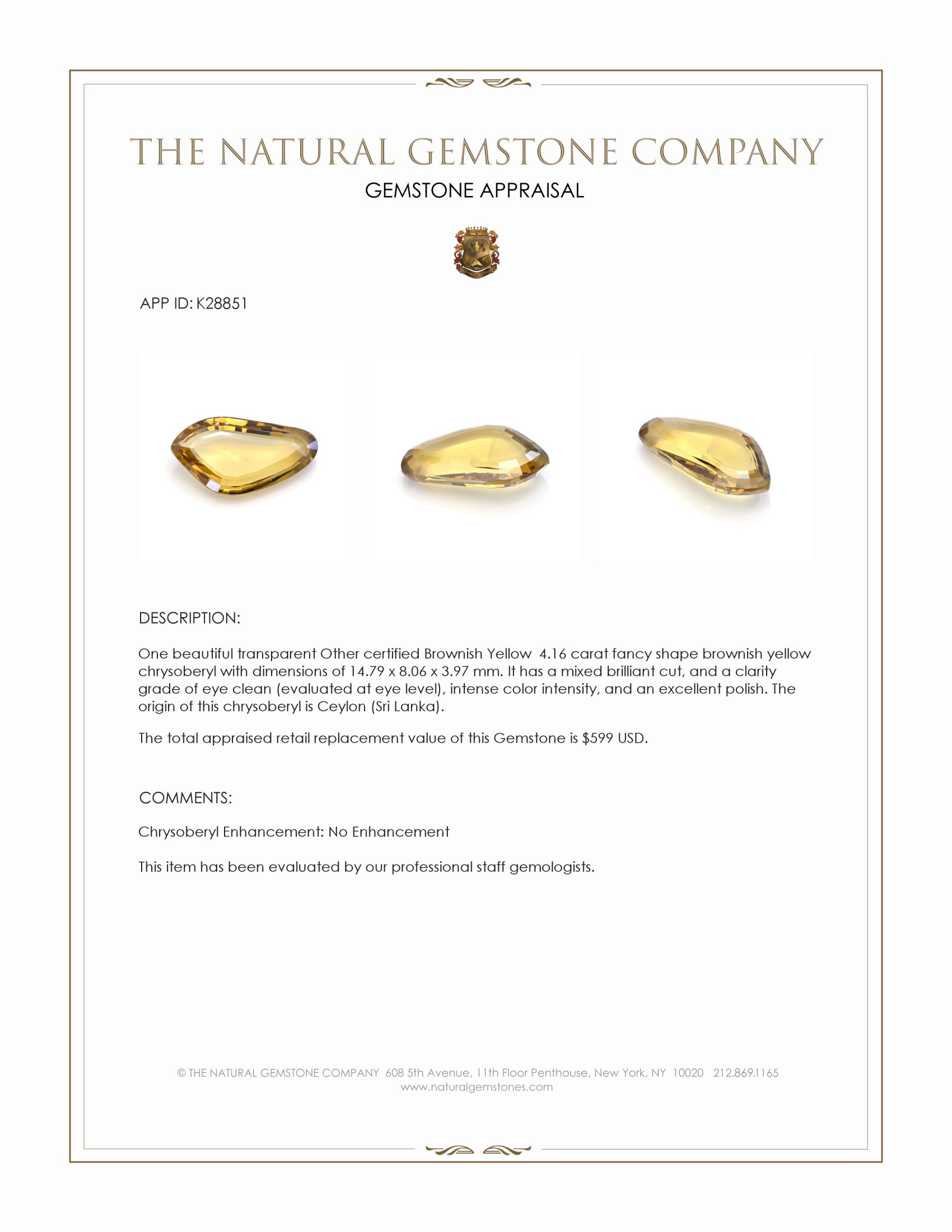 4.16 Ct. Brownish Yellow Chrysoberyl from Ceylon (Sri Lanka)
