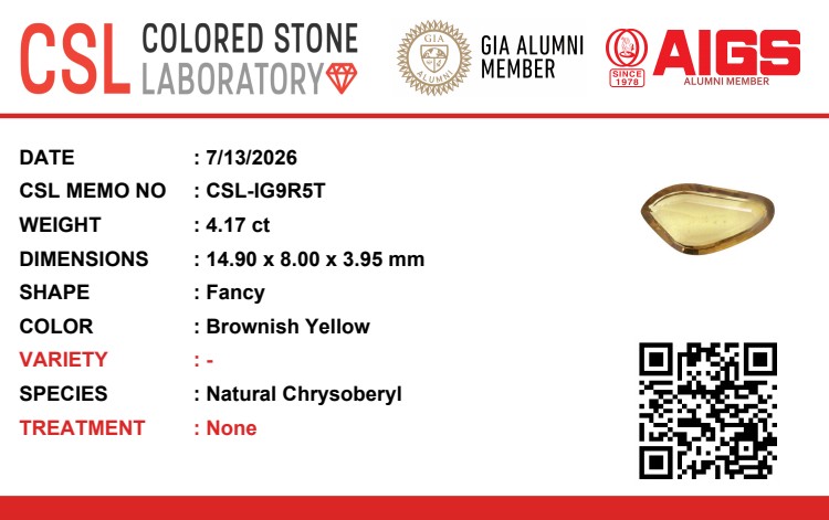 4.16 Ct. Brownish Yellow Chrysoberyl from Ceylon (Sri Lanka)