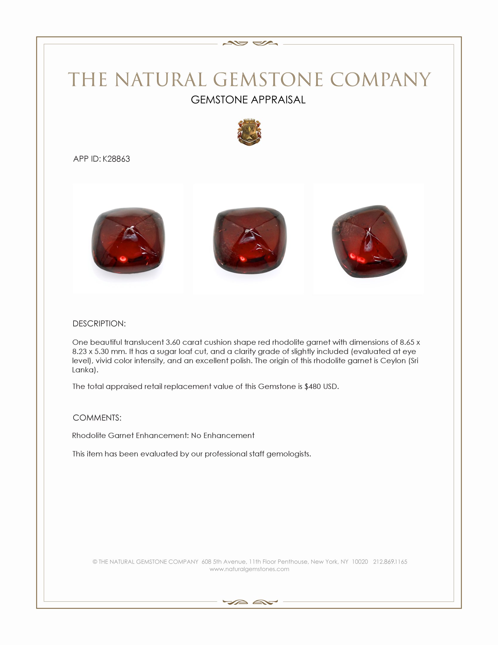 3.60 Ct. Red Cabochon Rhodolite Garnet from Ceylon (Sri Lanka)