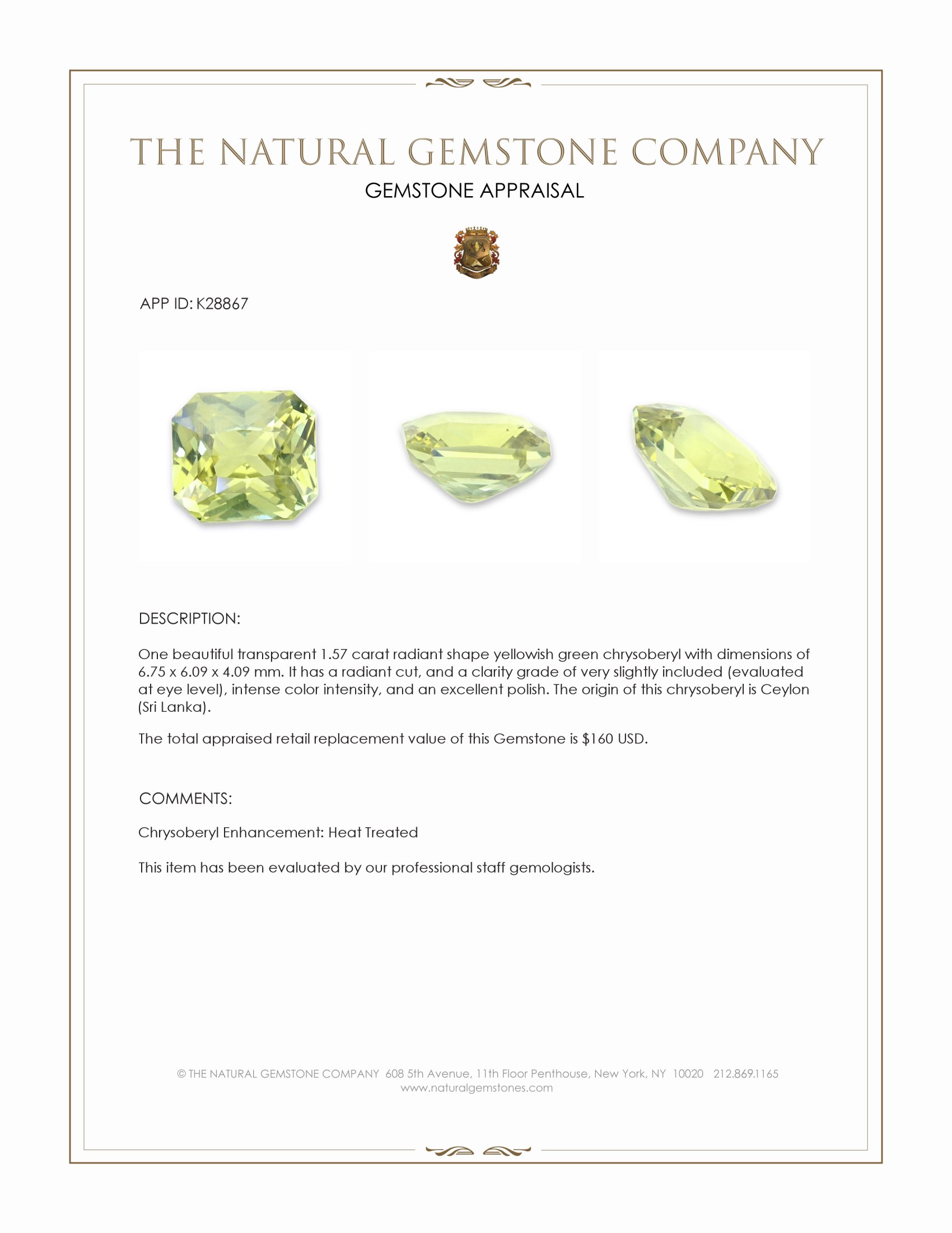 1.57 Ct. Yellowish Green Chrysoberyl from Ceylon (Sri Lanka)