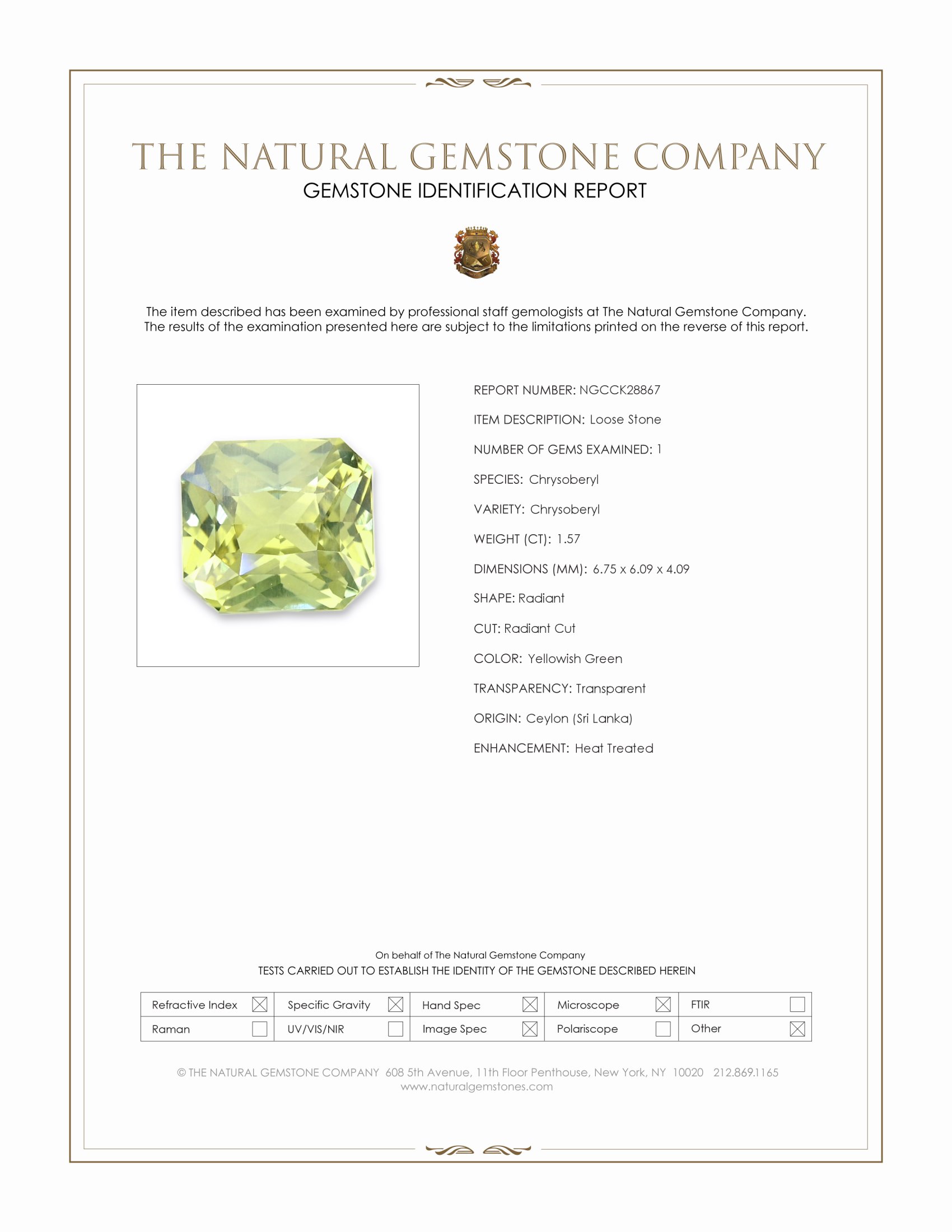 1.57 Ct. Yellowish Green Chrysoberyl from Ceylon (Sri Lanka)