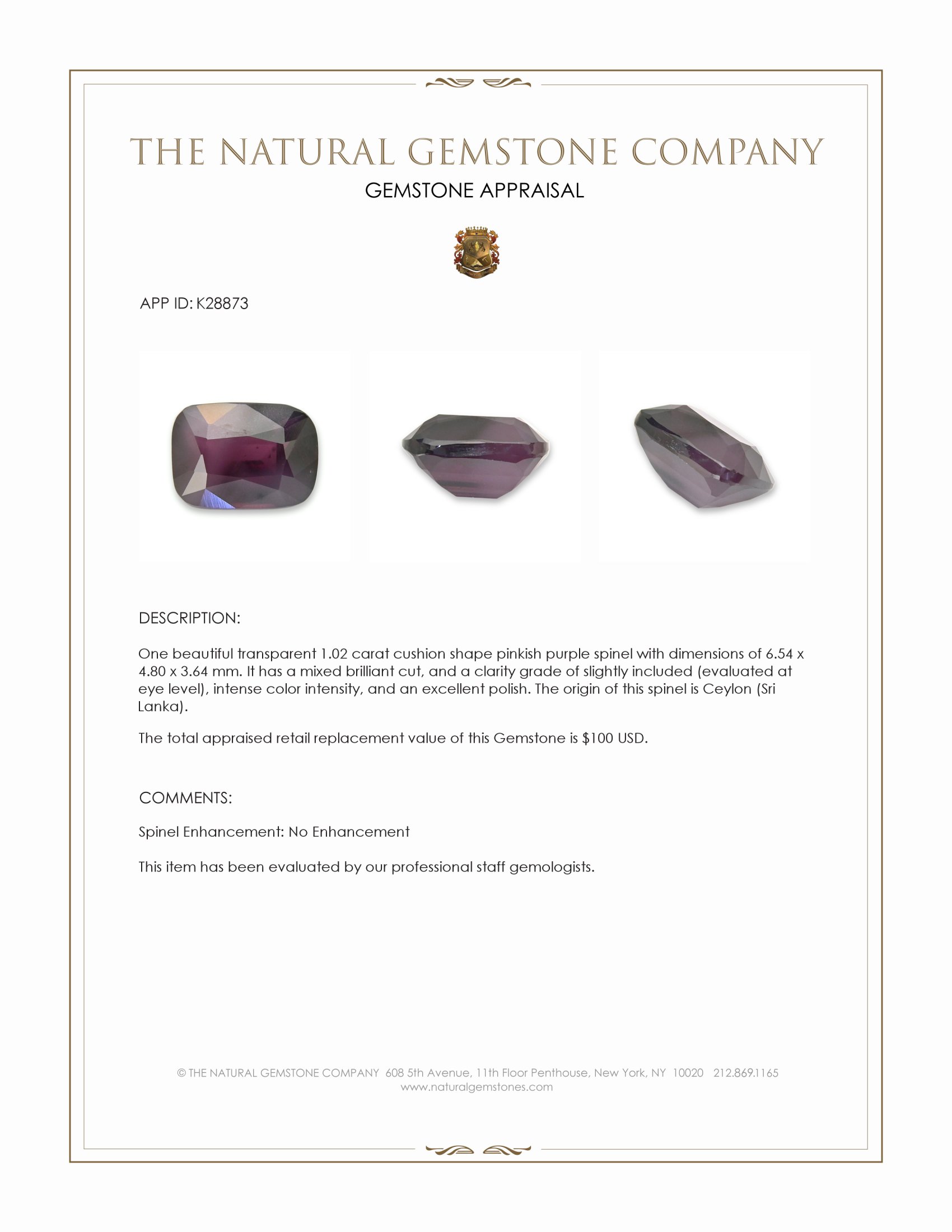 1.02 Ct. Pinkish Purple Spinel from Ceylon (Sri Lanka)