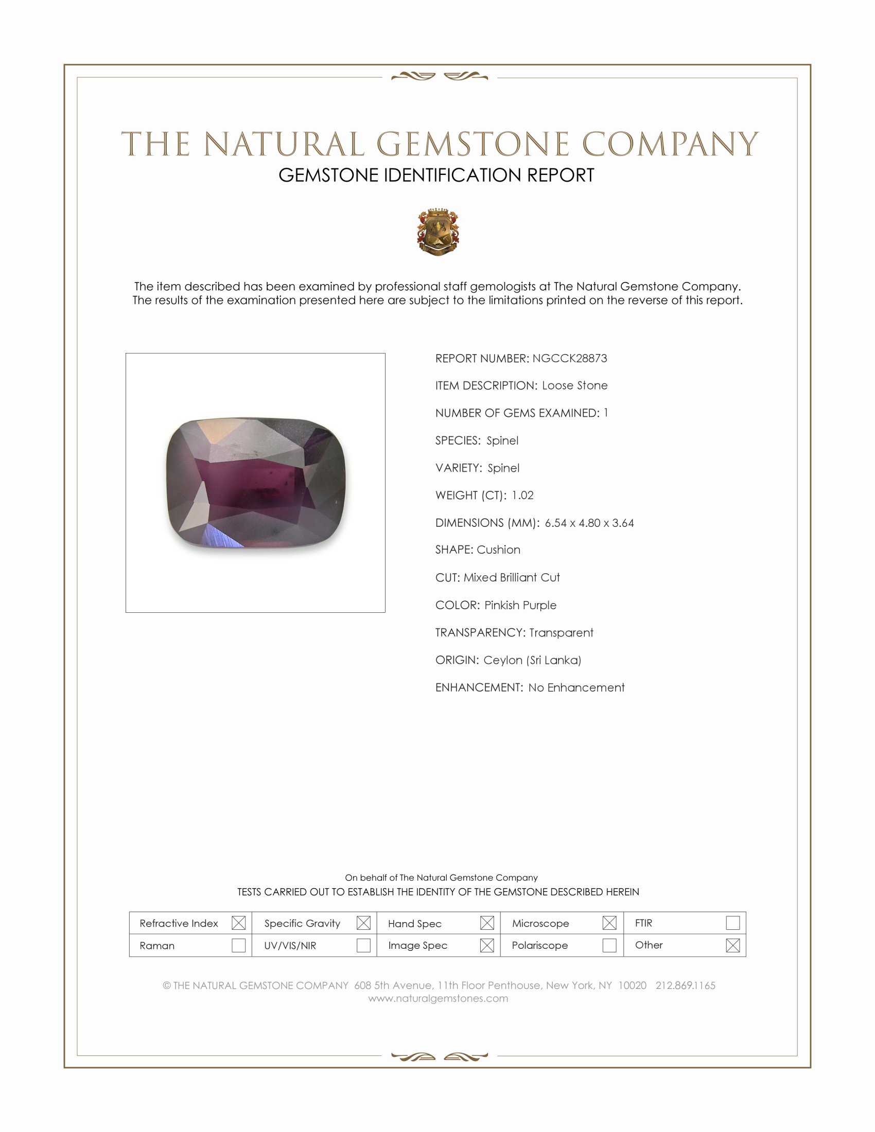 1.02 Ct. Pinkish Purple Spinel from Ceylon (Sri Lanka)