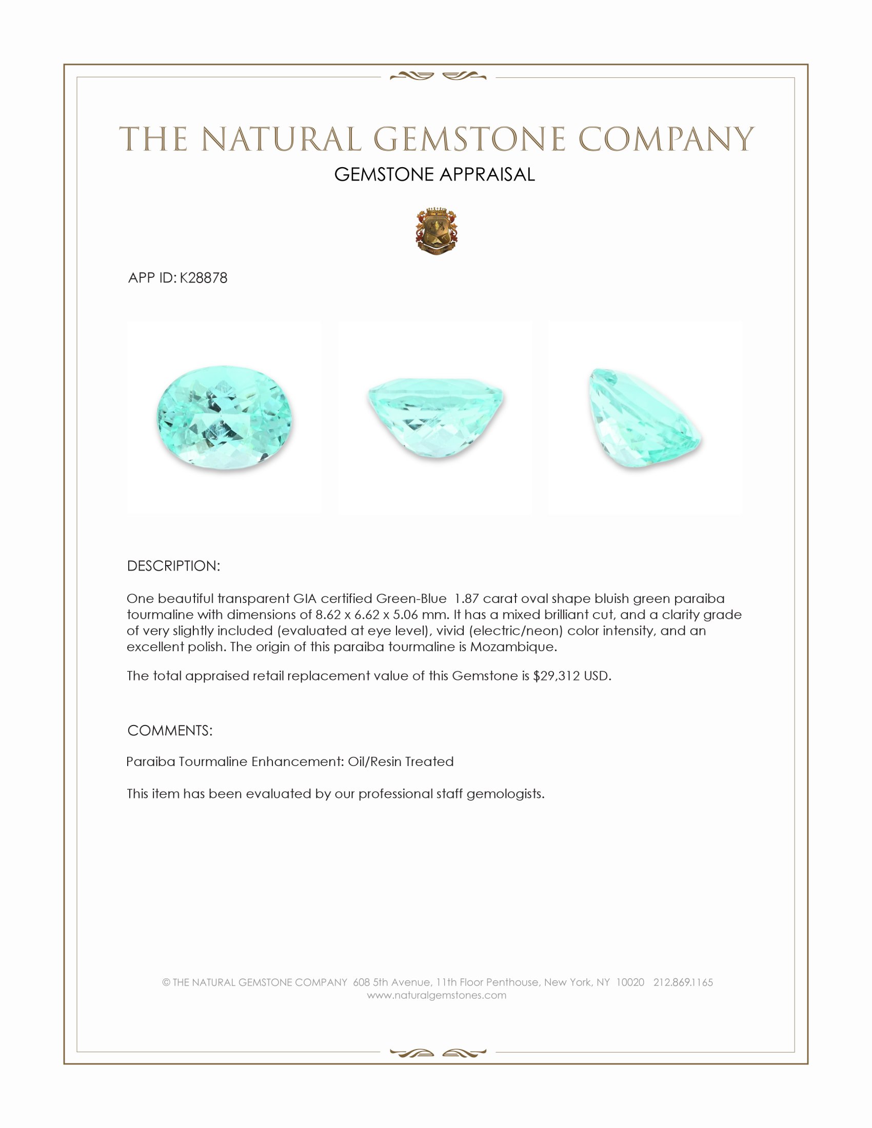 1.87 Ct. Bluish Green Paraiba Tourmaline from Mozambique