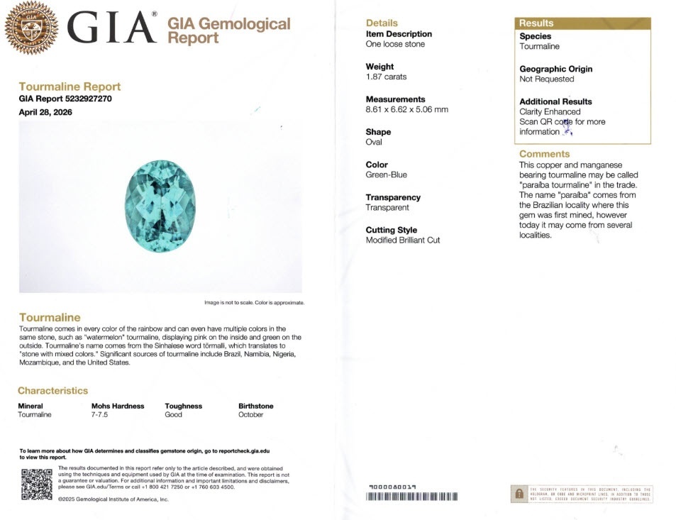1.87 Ct. Bluish Green Paraiba Tourmaline from Mozambique