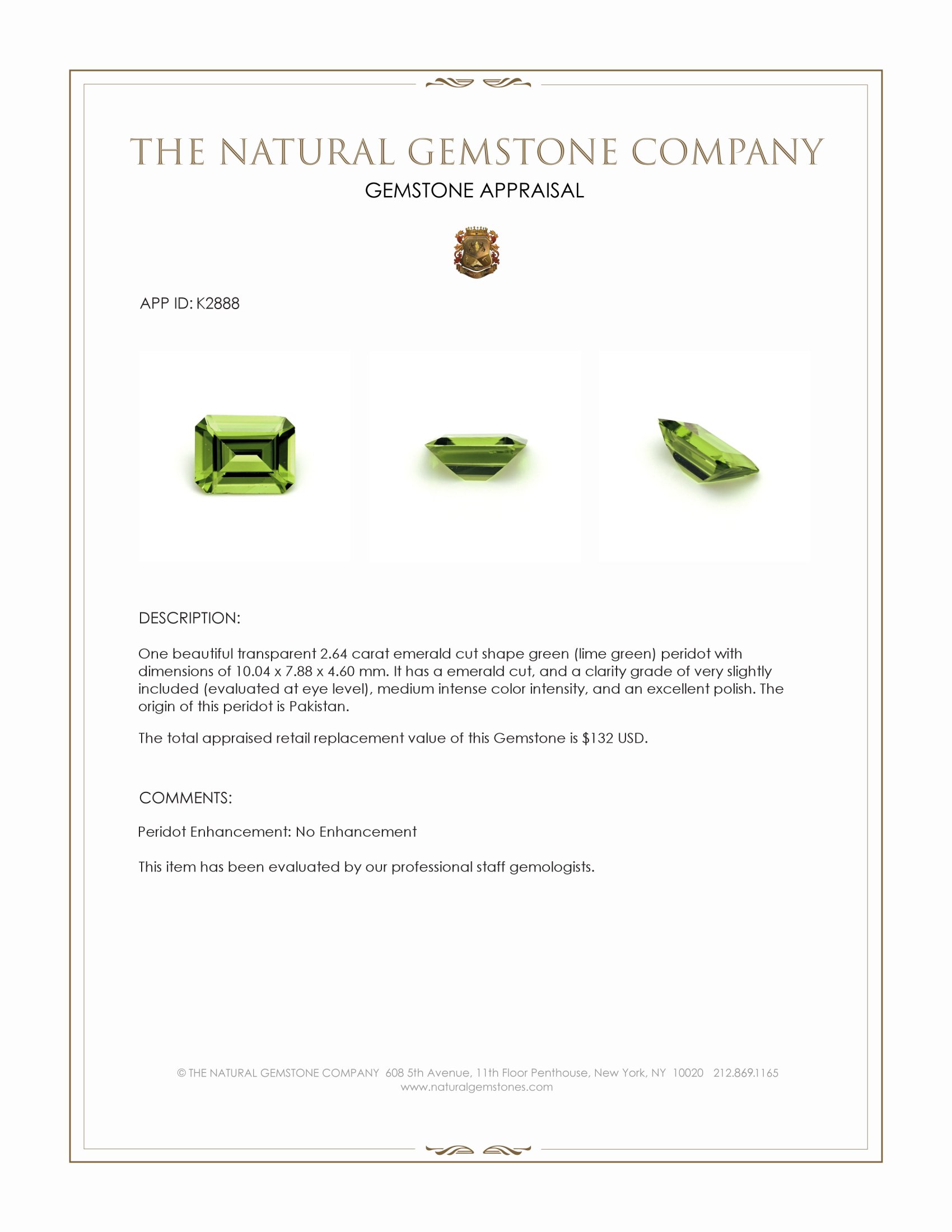 2.64 Ct. Green (Lime Green) Peridot from Pakistan