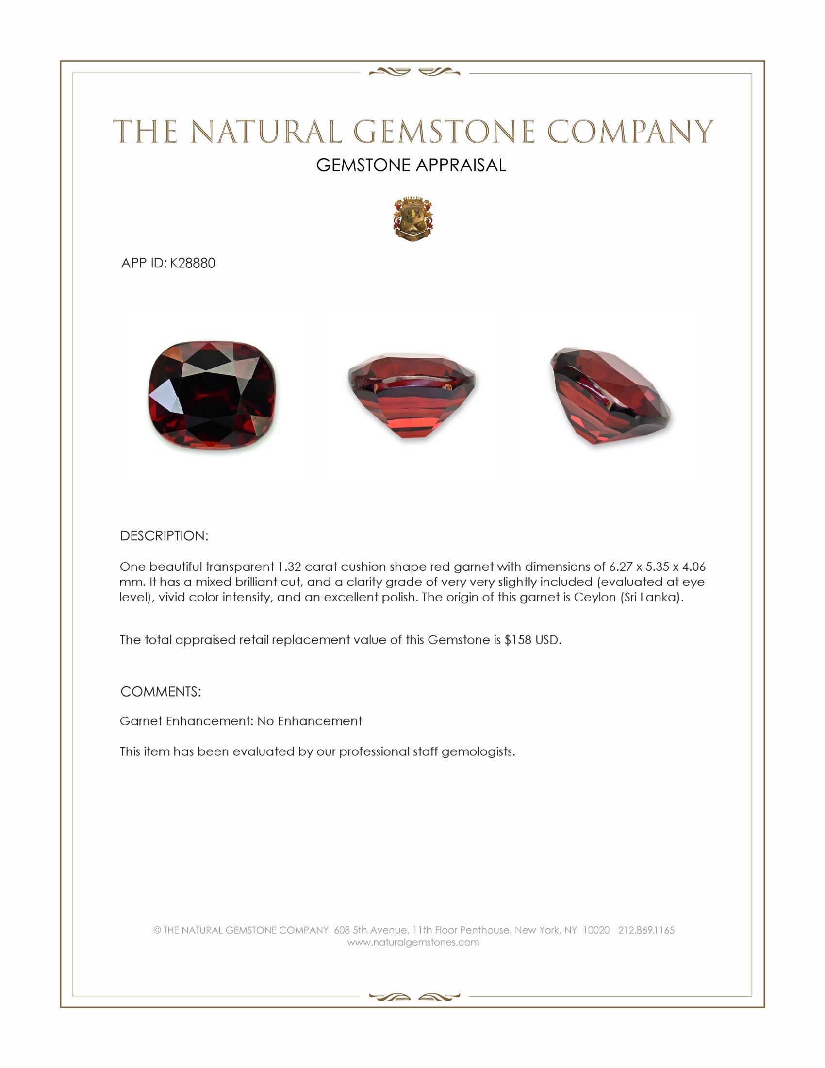 1.32 Ct. Red Garnet from Ceylon (Sri Lanka)
