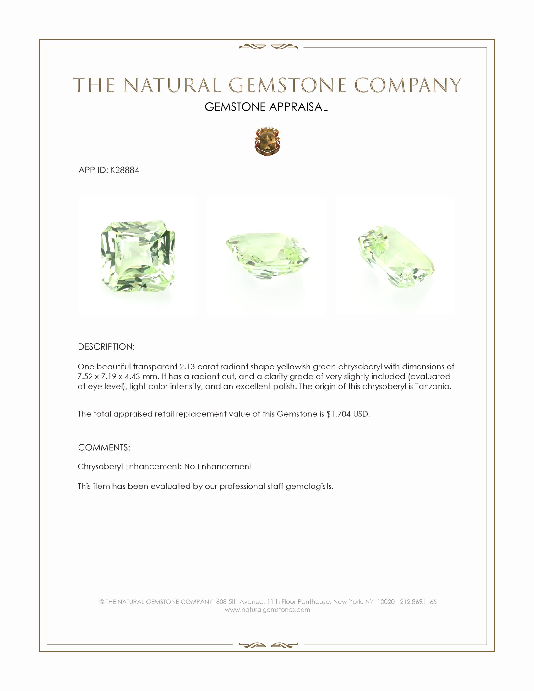 2.13 Ct. Yellowish Green Chrysoberyl from Tanzania