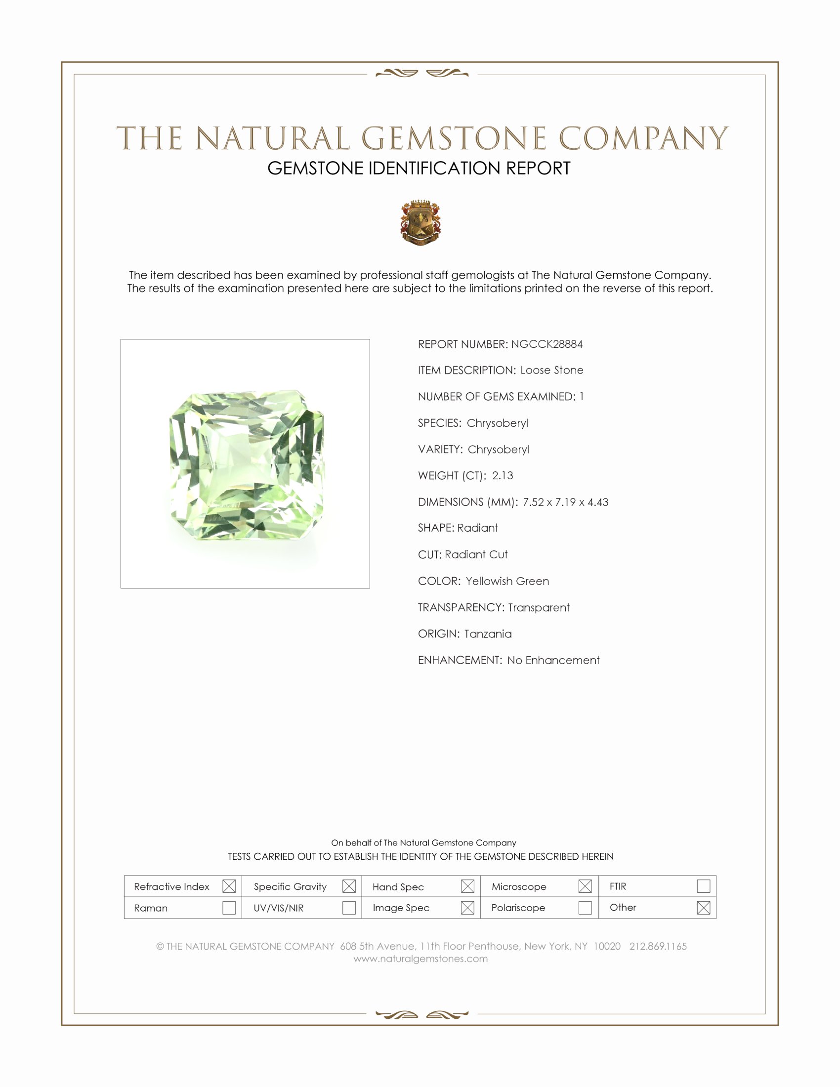 2.13 Ct. Yellowish Green Chrysoberyl from Tanzania