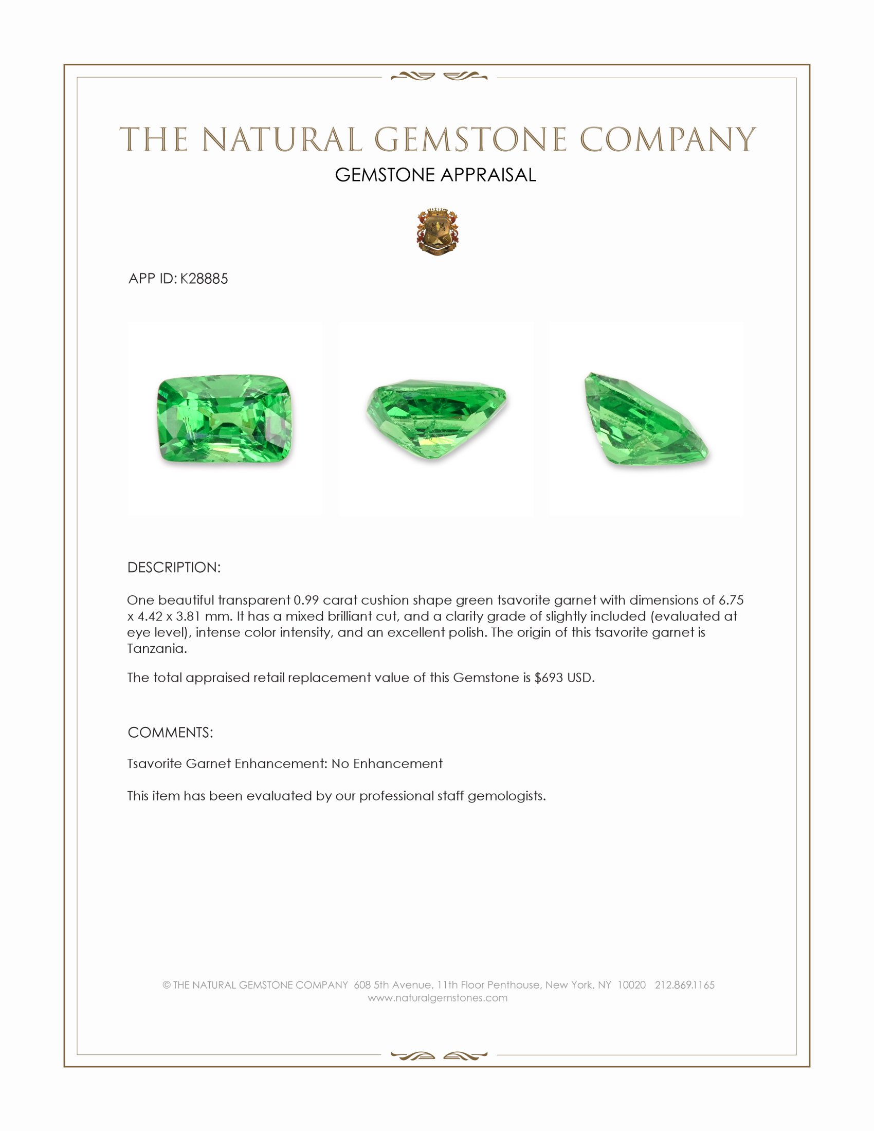 0.99 Ct. Tsavorite Garnet from Tanzania