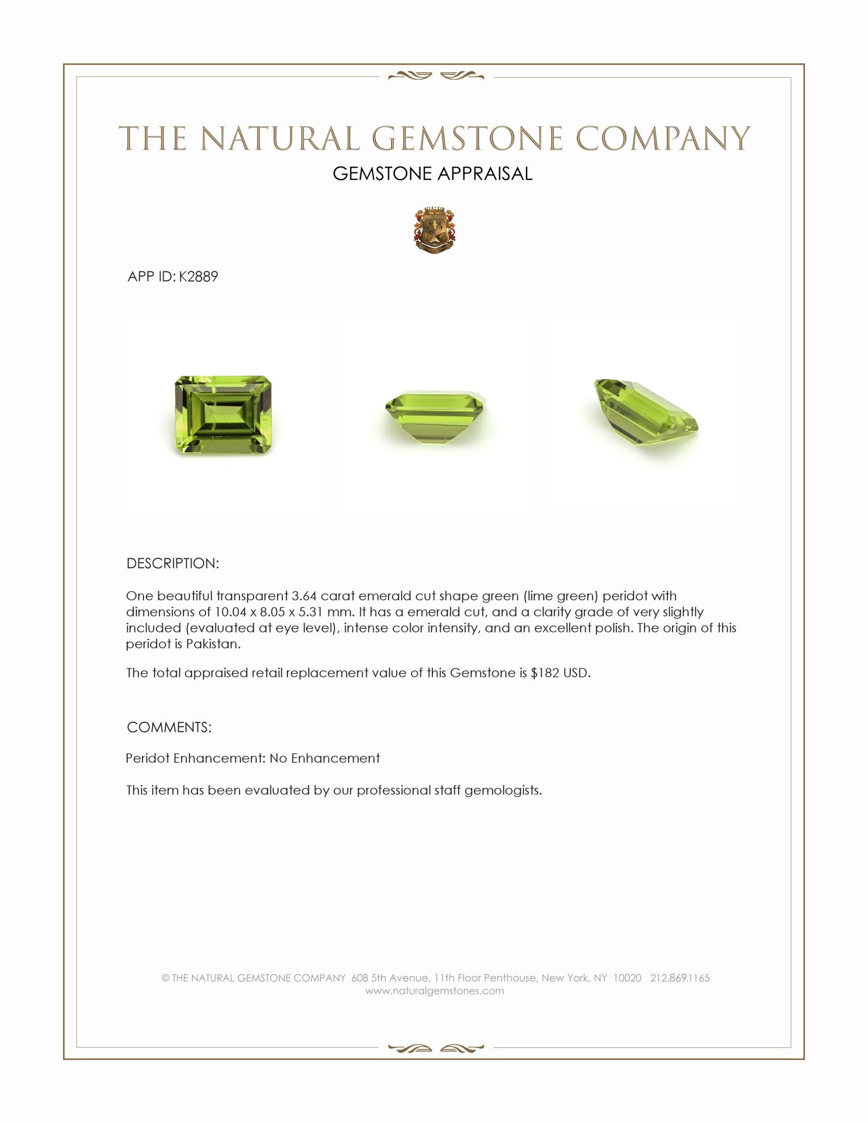 3.64 Ct. Green (Lime Green) Peridot from Pakistan