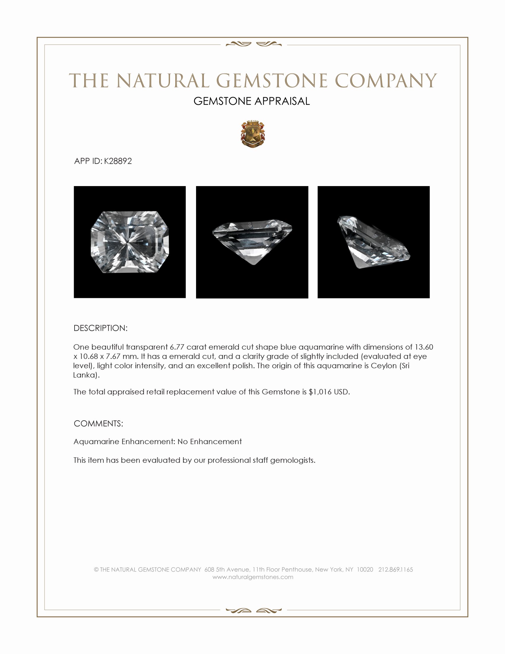 6.77 Ct. Blue Aquamarine from Ceylon (Sri Lanka)