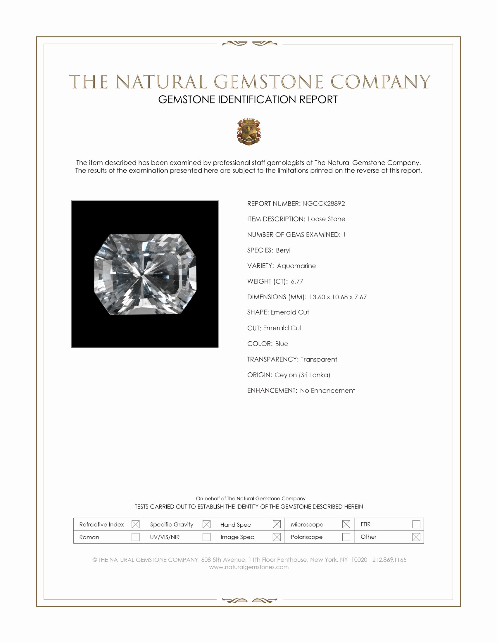 6.77 Ct. Blue Aquamarine from Ceylon (Sri Lanka)
