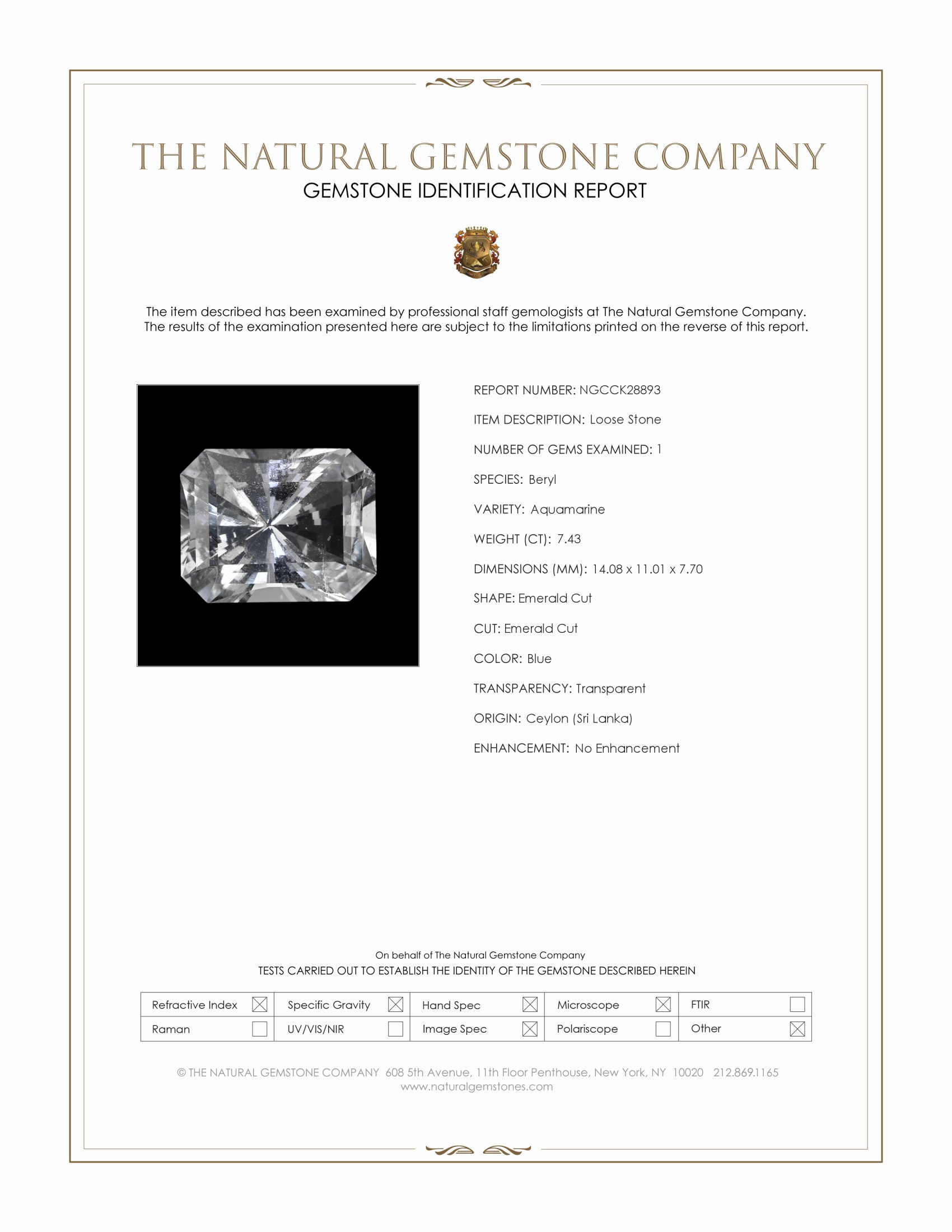 7.43 Ct. Blue Aquamarine from Ceylon (Sri Lanka)