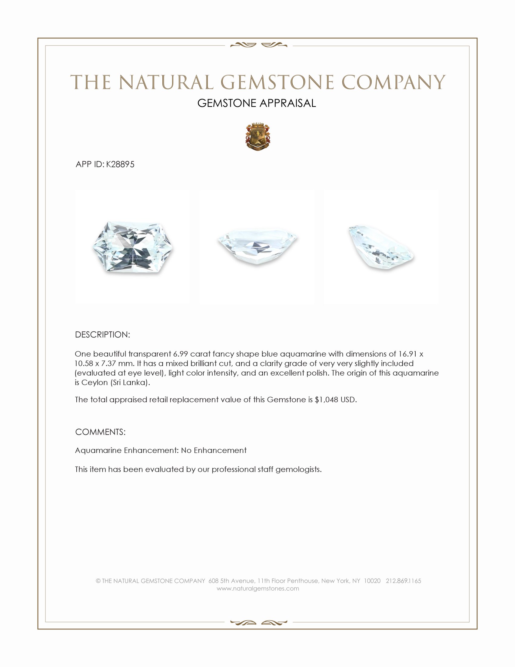 6.99 Ct. Blue Aquamarine from Ceylon (Sri Lanka)