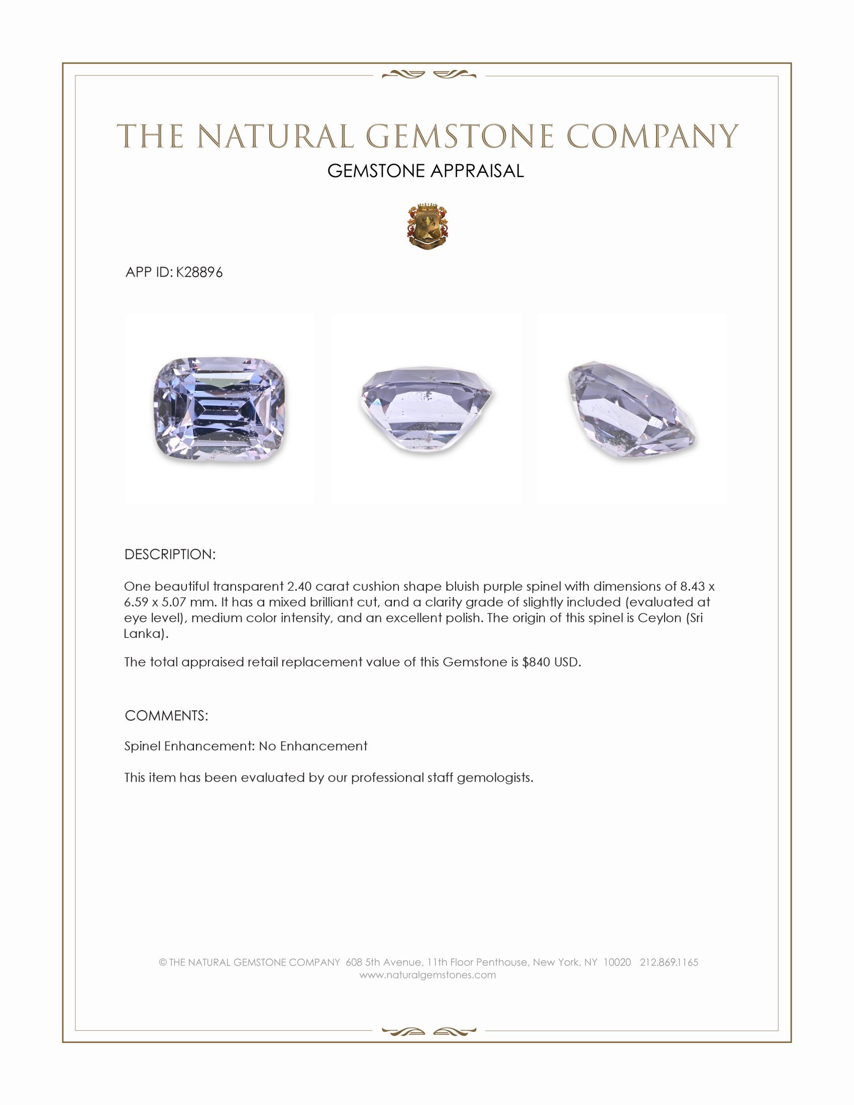 2.40 Ct. Bluish Purple Spinel from Ceylon (Sri Lanka)