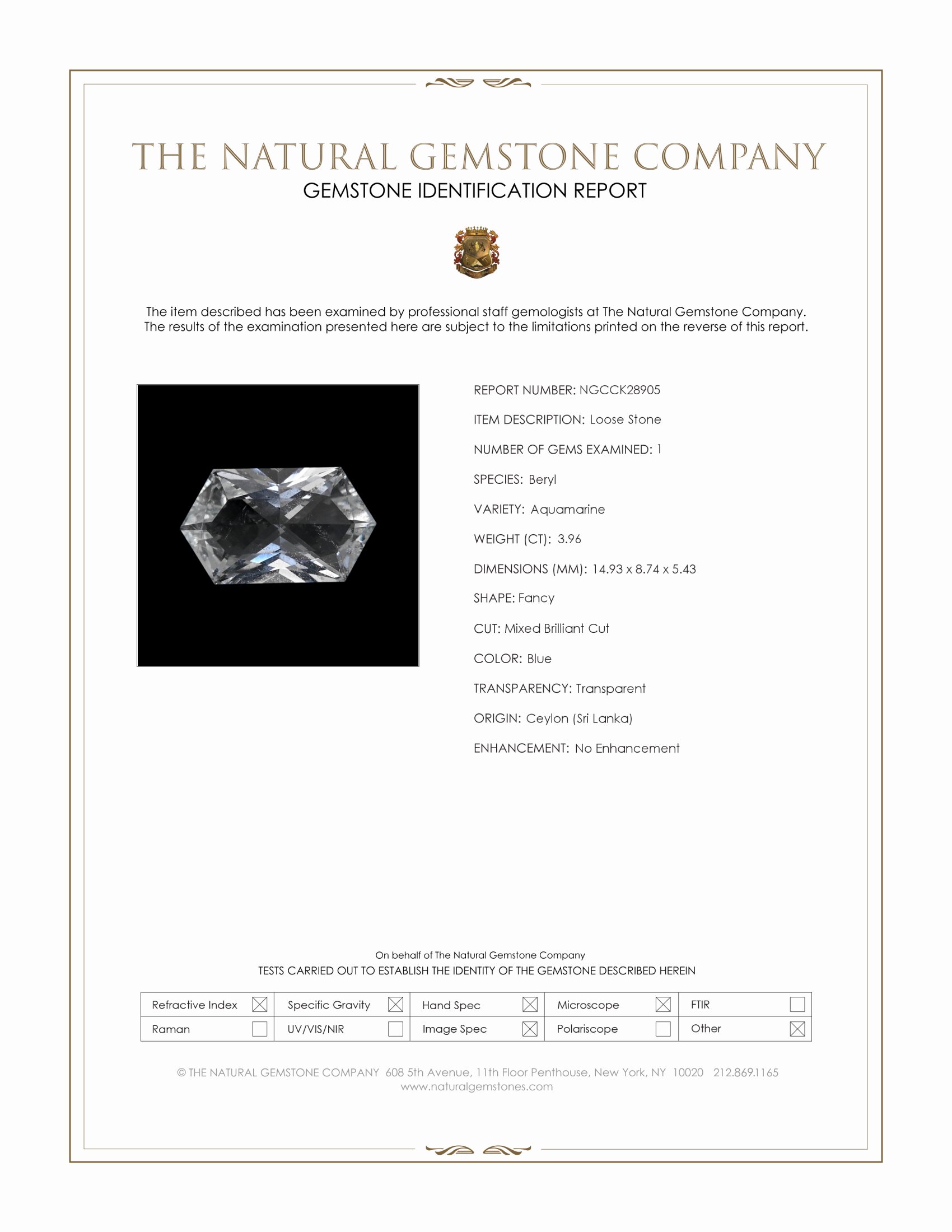 3.96 Ct. Blue Aquamarine from Ceylon (Sri Lanka)