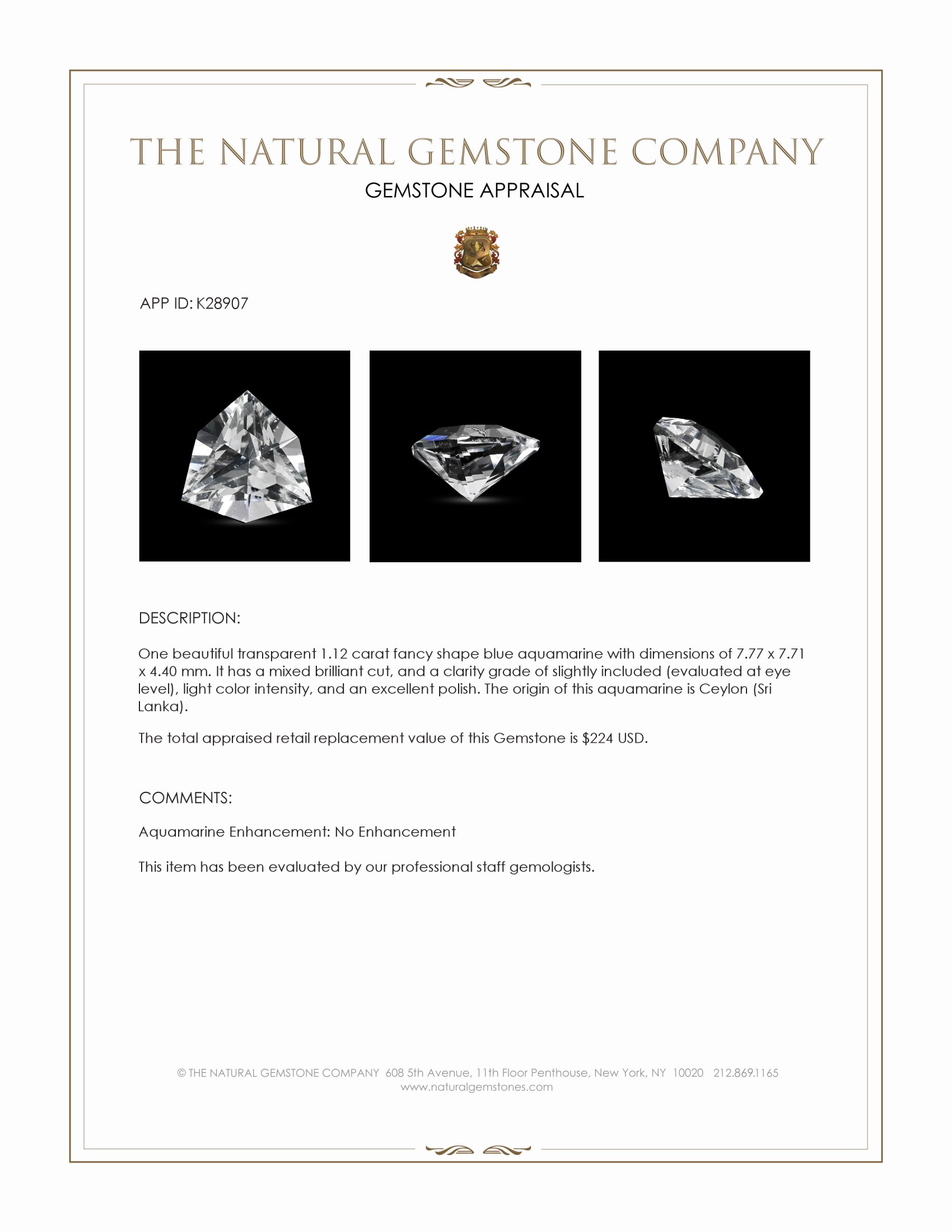 1.12 Ct. Blue Aquamarine from Ceylon (Sri Lanka)