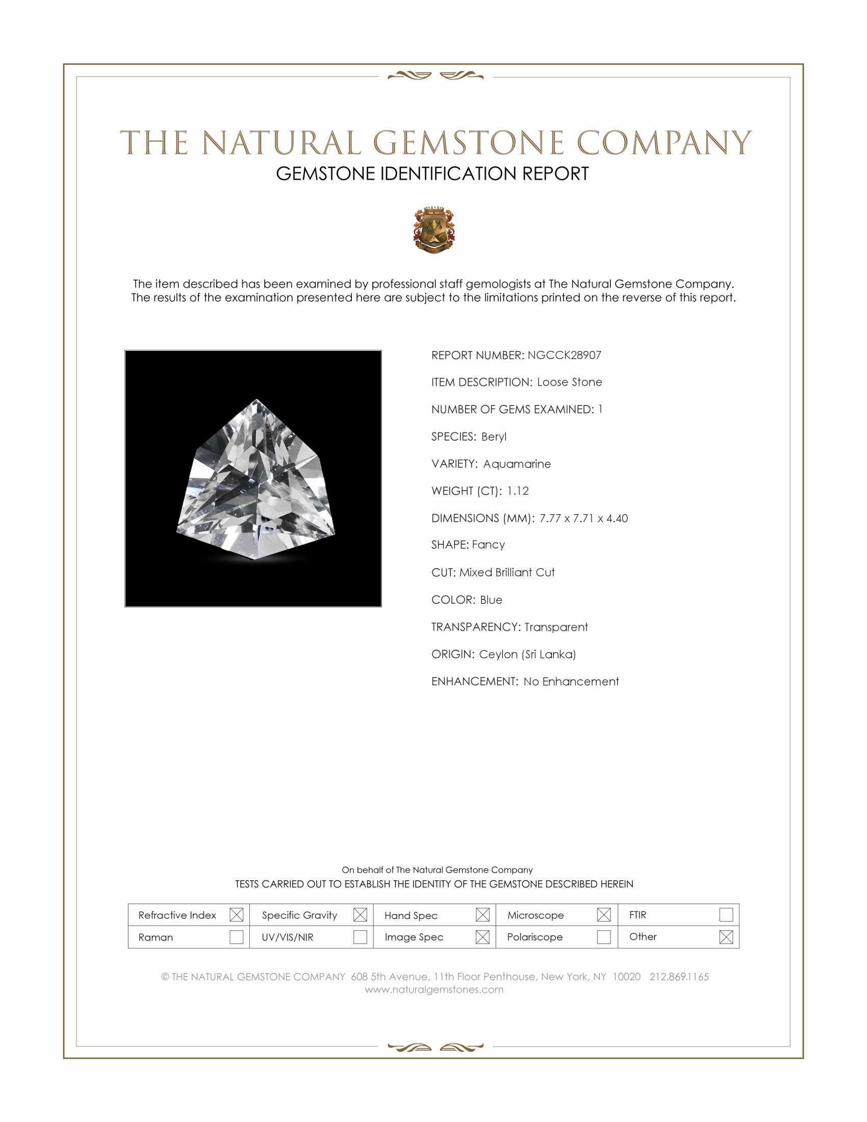 1.12 Ct. Blue Aquamarine from Ceylon (Sri Lanka)
