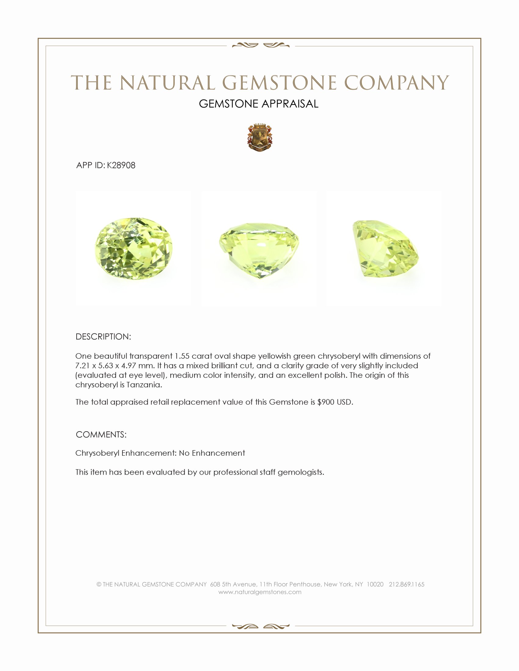 1.55 Ct. Yellowish Green Chrysoberyl from Tanzania