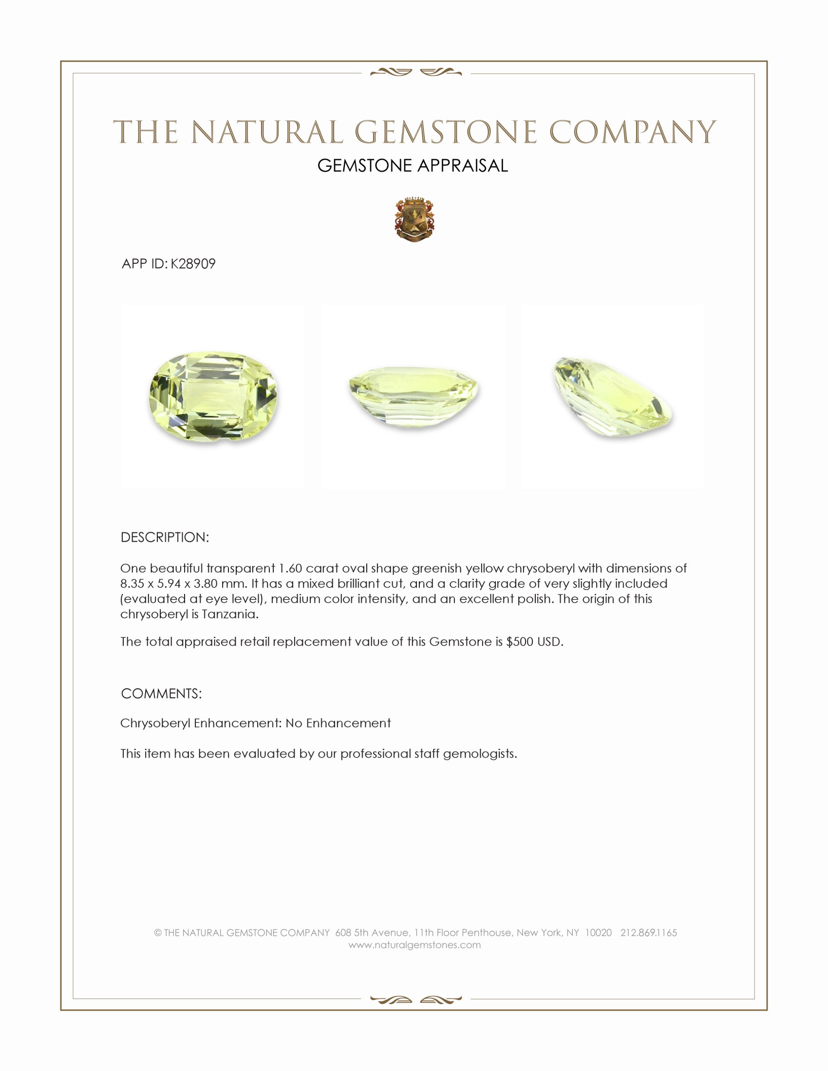 1.60 Ct. Greenish Yellow Chrysoberyl from Tanzania