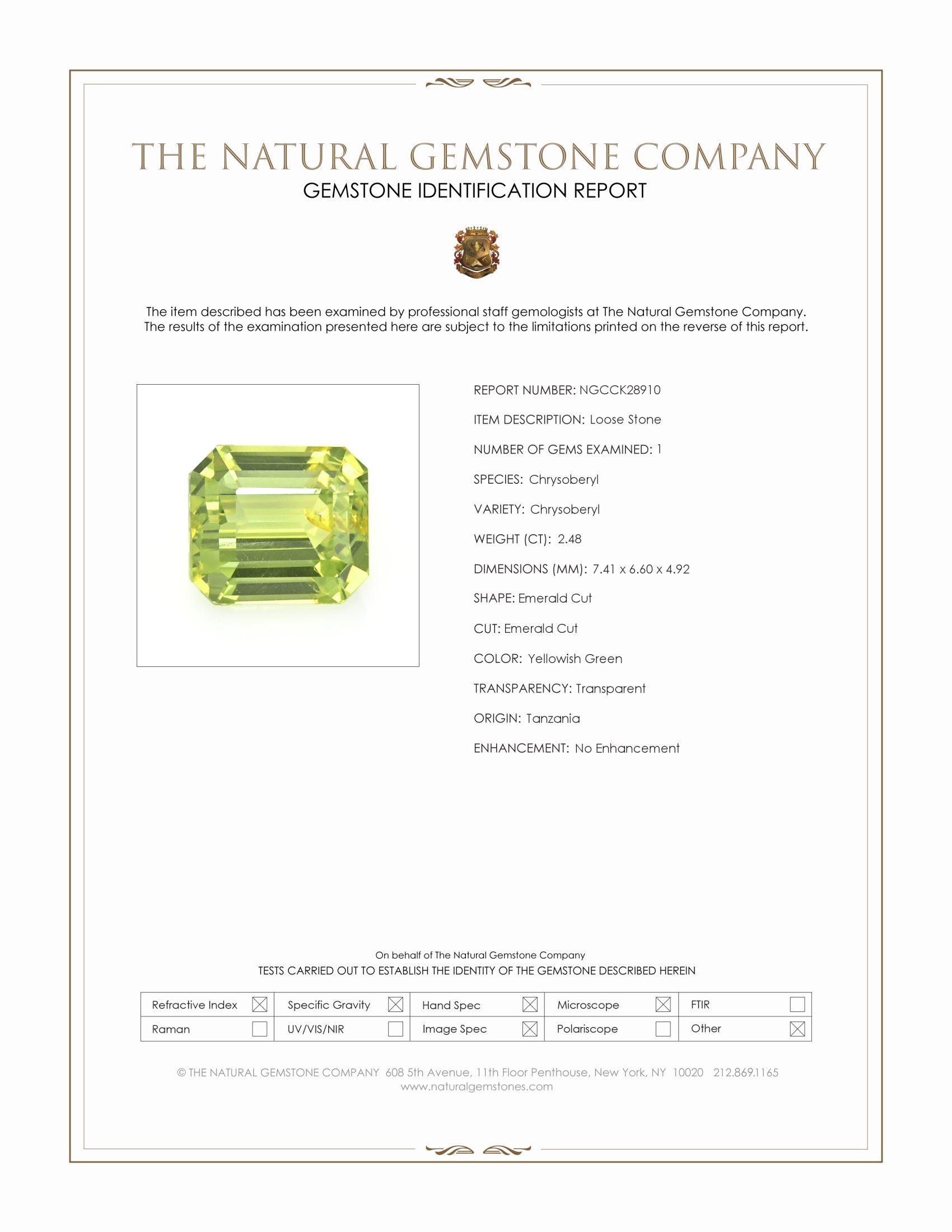 2.48 Ct. Yellowish Green Chrysoberyl from Tanzania