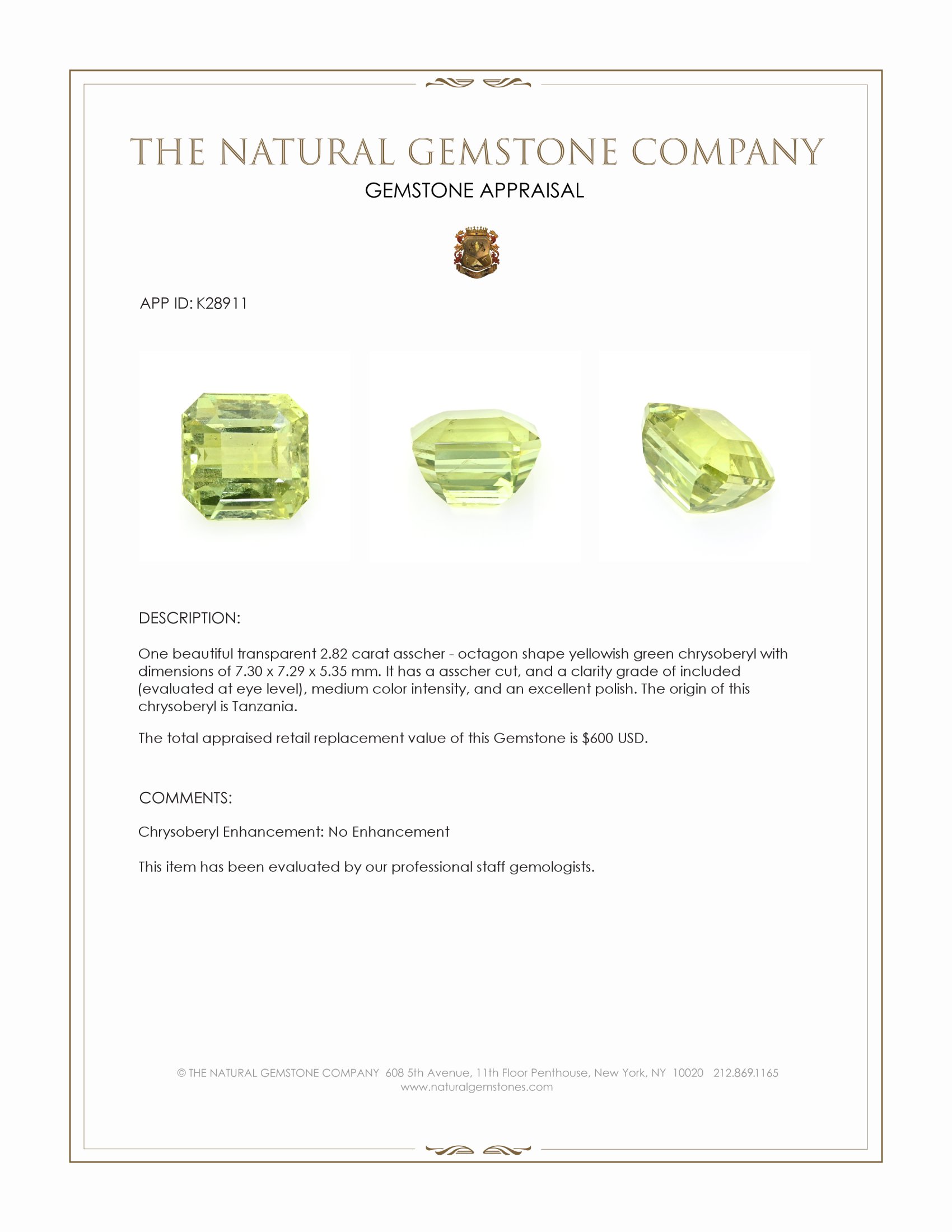 2.82 Ct. Yellowish Green Chrysoberyl from Tanzania