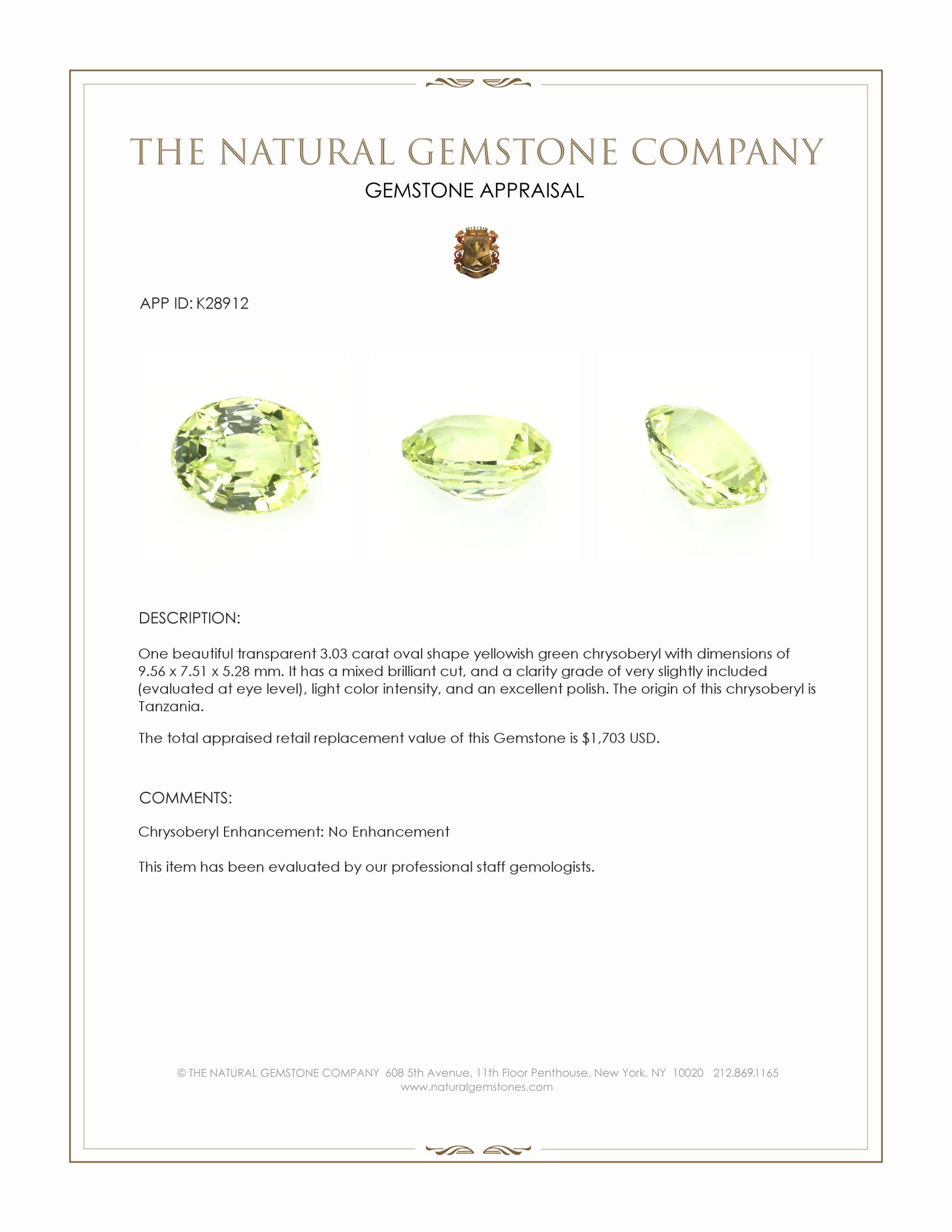 3.03 Ct. Yellowish Green Chrysoberyl from Tanzania