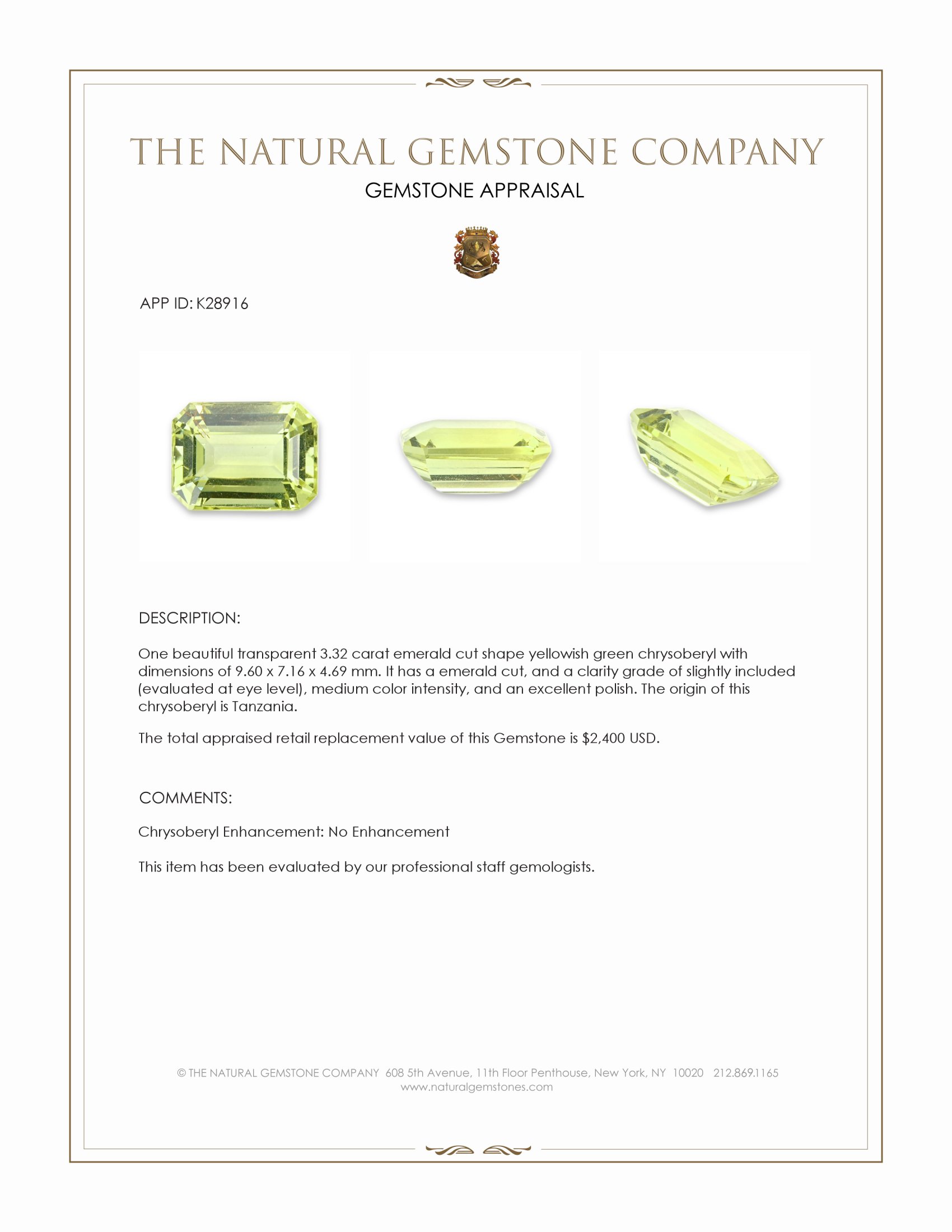 3.32 Ct. Yellowish Green Chrysoberyl from Tanzania