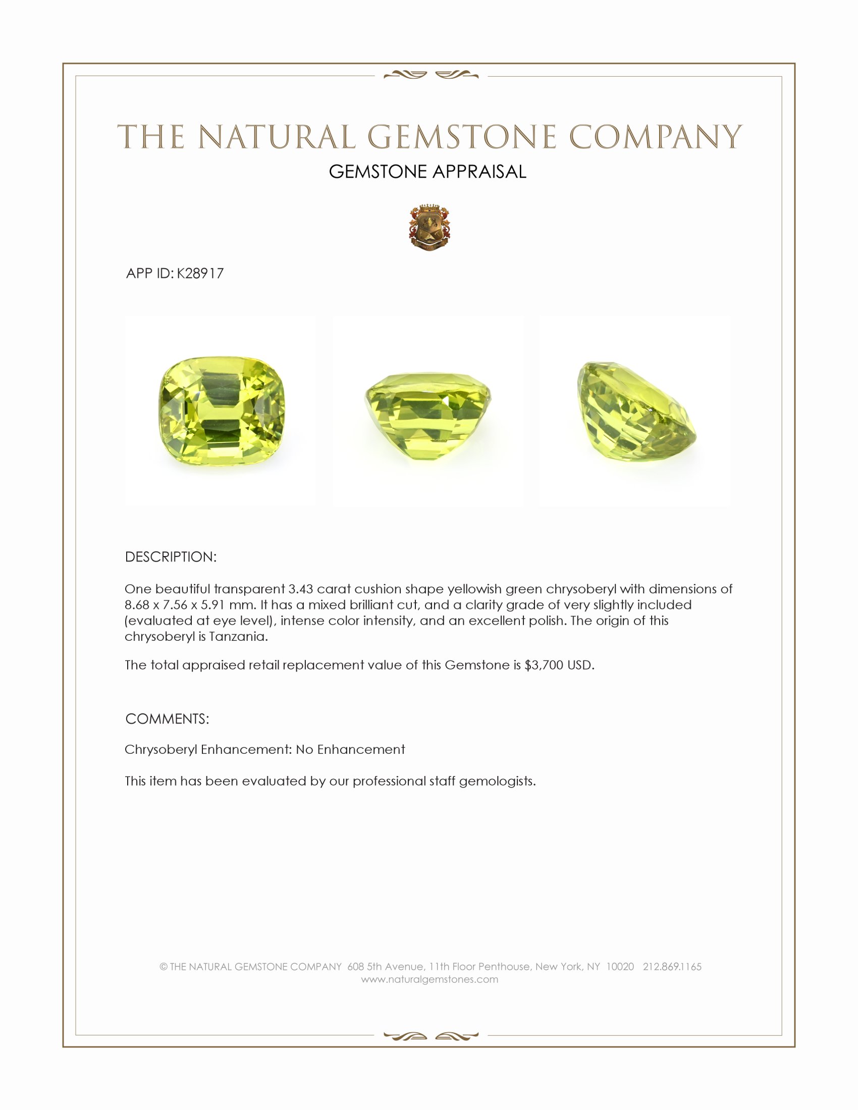 3.43 Ct. Yellowish Green Chrysoberyl from Tanzania