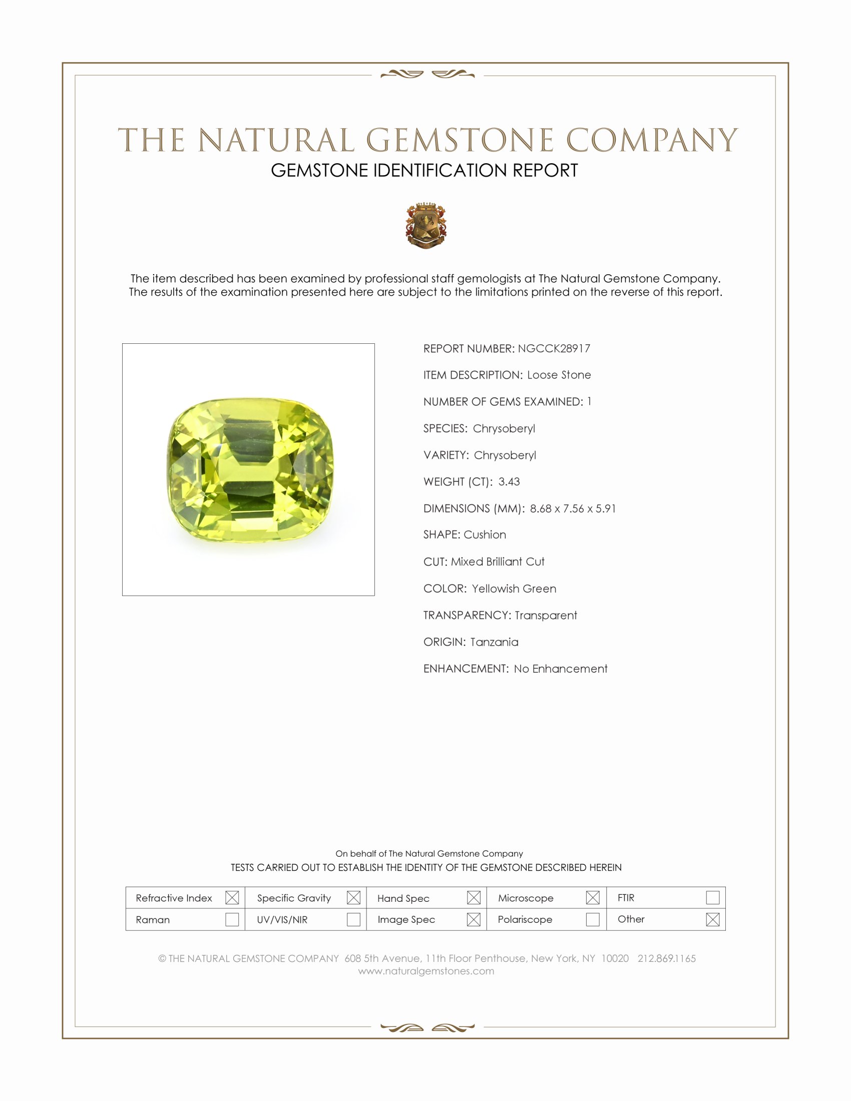 3.43 Ct. Yellowish Green Chrysoberyl from Tanzania