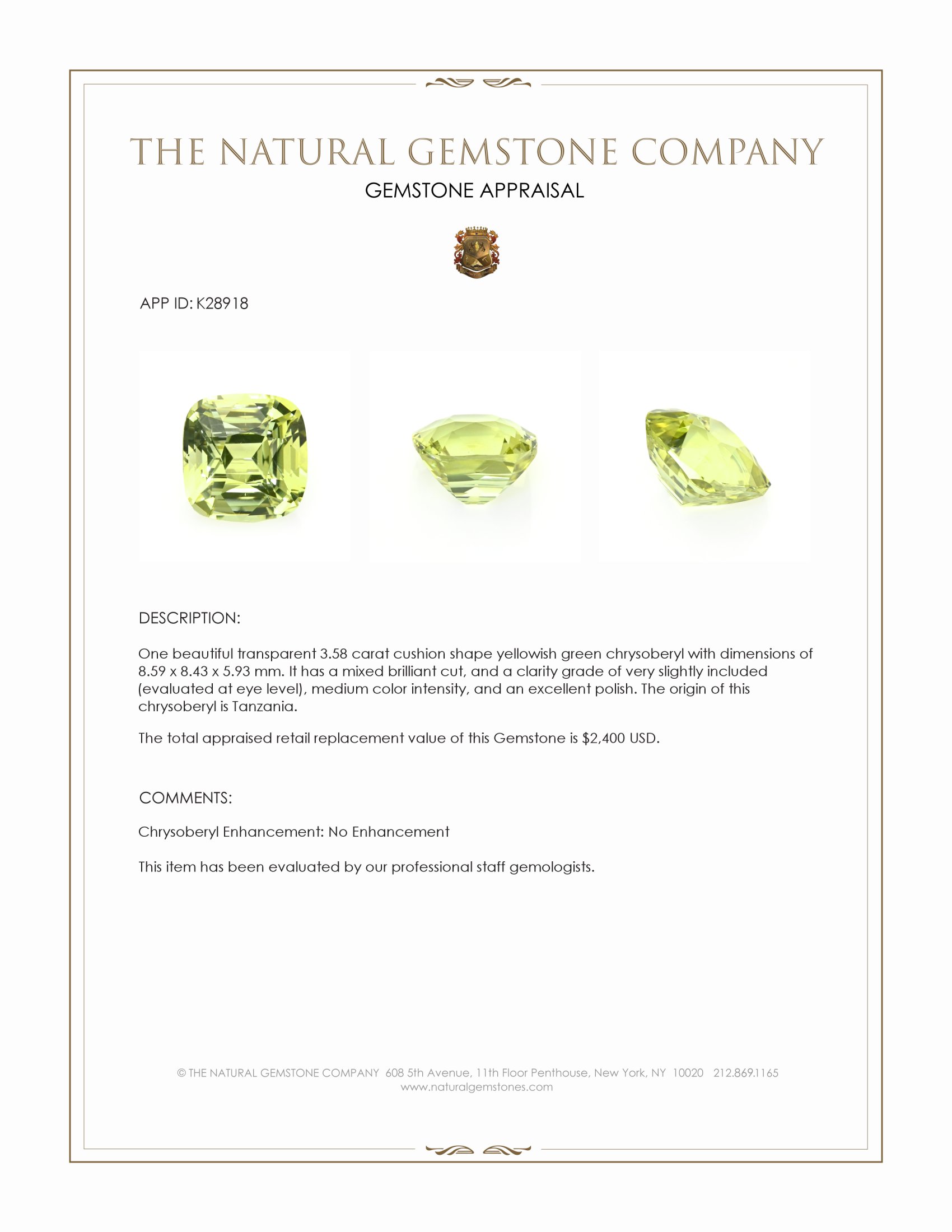3.58 Ct. Yellowish Green Chrysoberyl from Tanzania