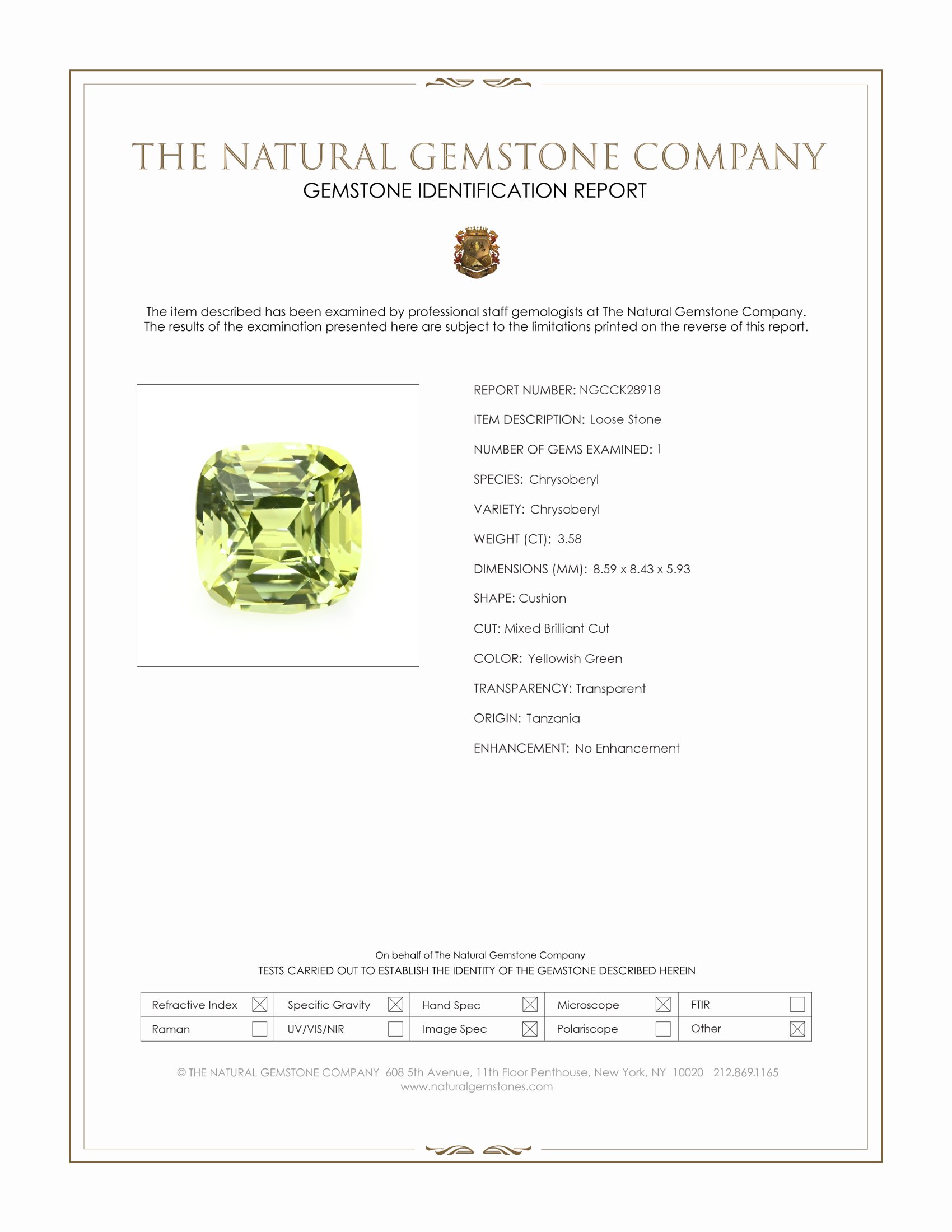 3.58 Ct. Yellowish Green Chrysoberyl from Tanzania