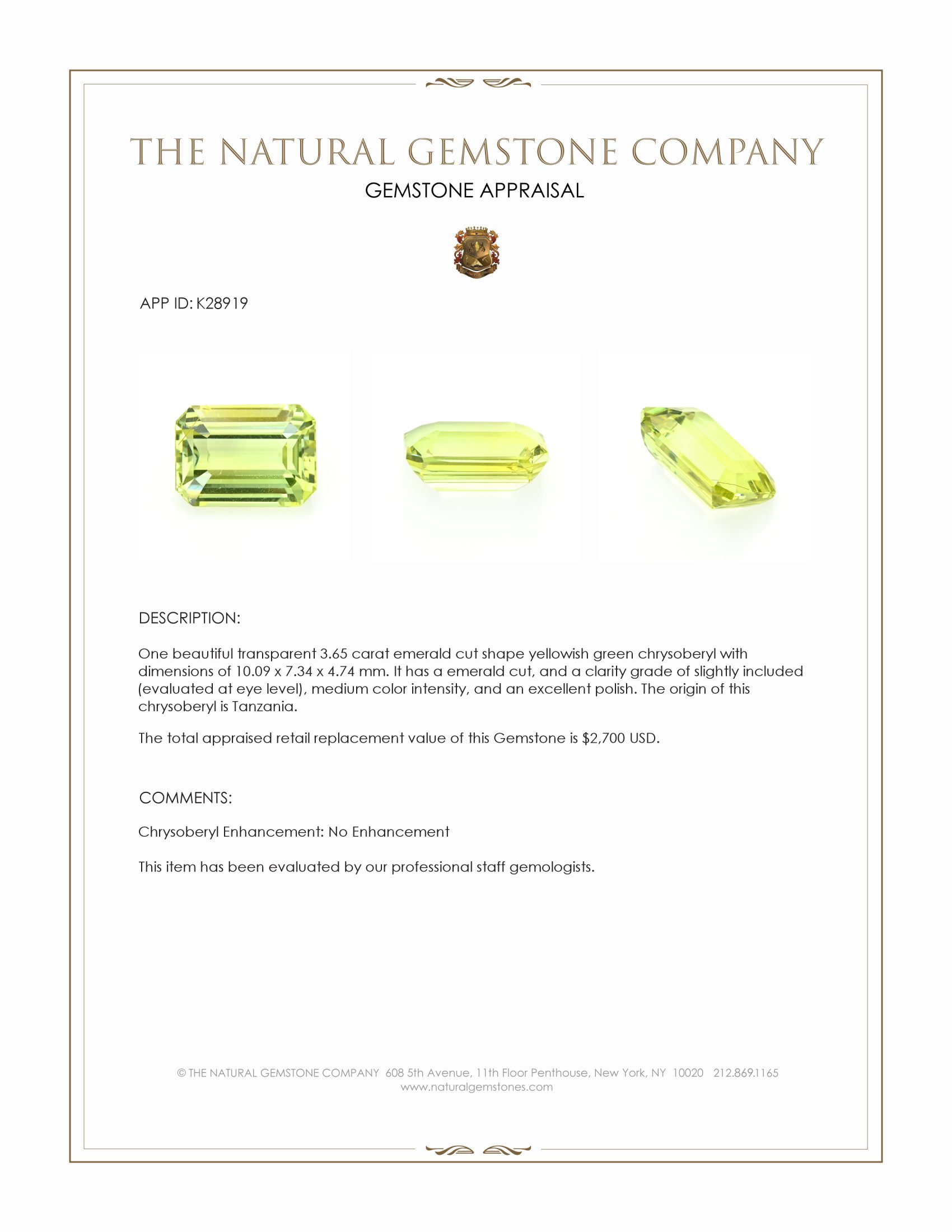 3.65 Ct. Yellowish Green Chrysoberyl from Tanzania