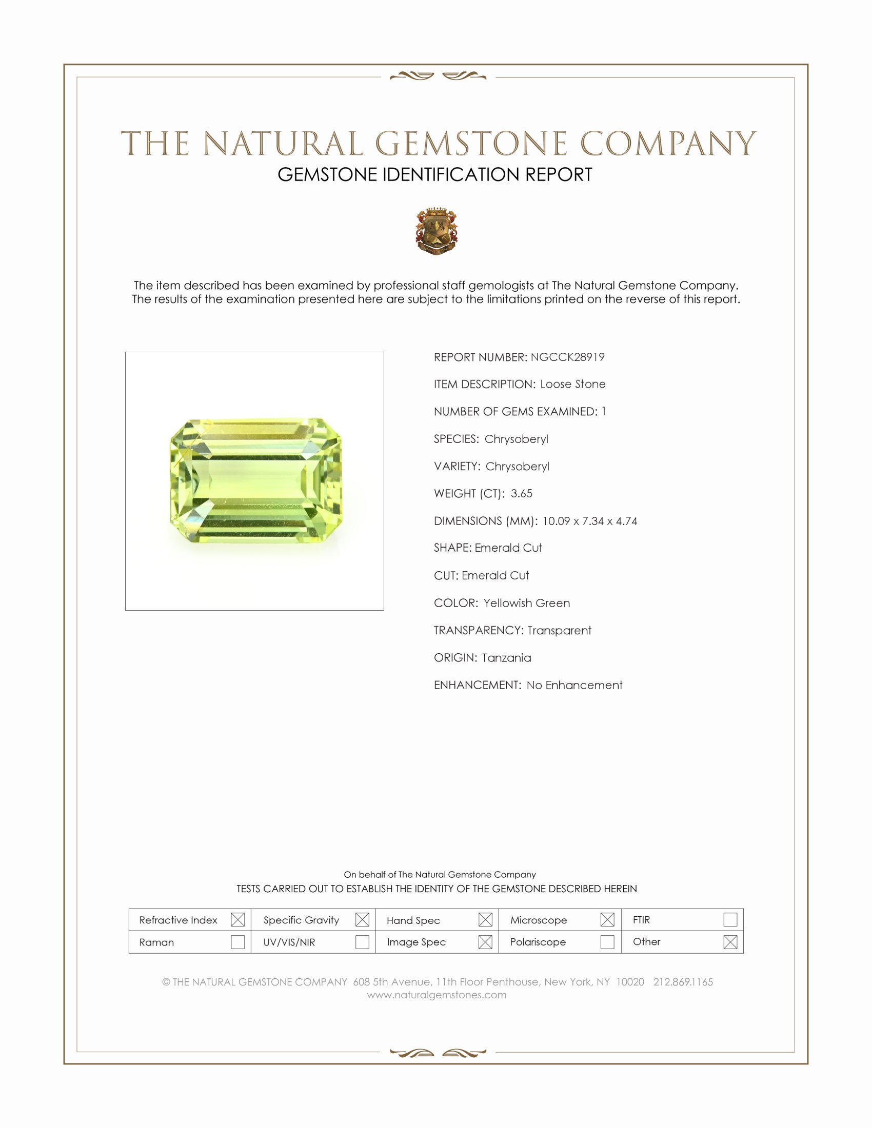 3.65 Ct. Yellowish Green Chrysoberyl from Tanzania