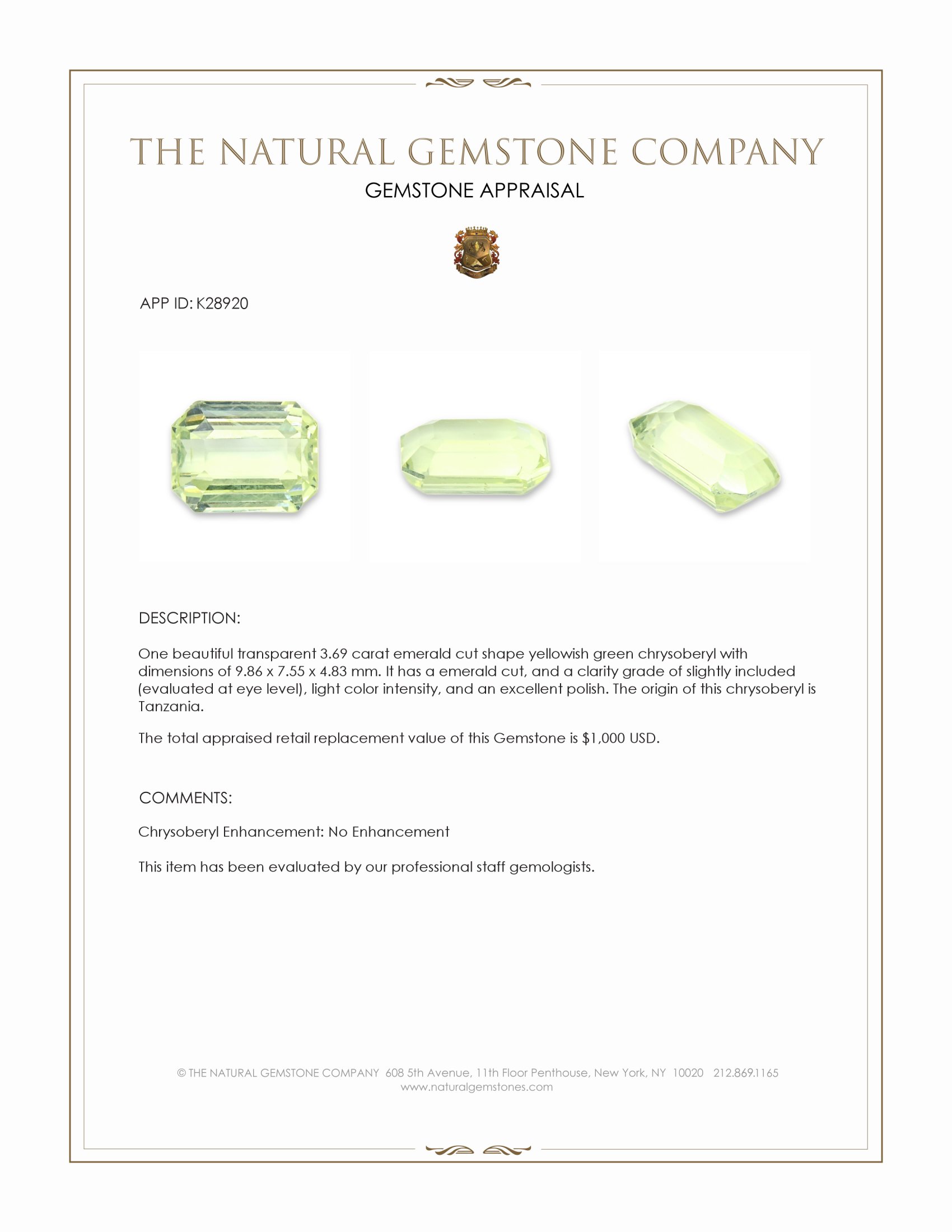 3.69 Ct. Yellowish Green Chrysoberyl from Tanzania