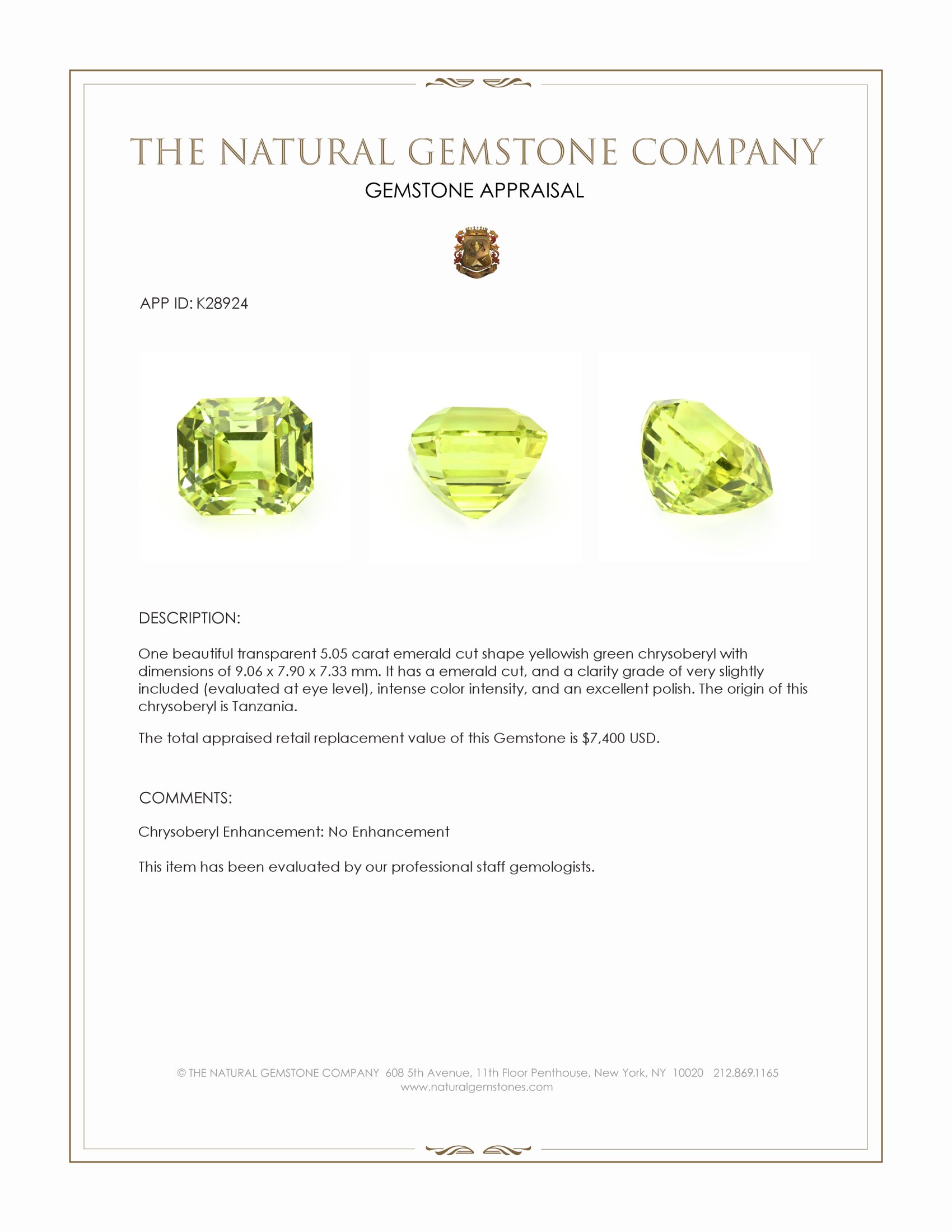 5.05 Ct. Yellowish Green Chrysoberyl from Tanzania