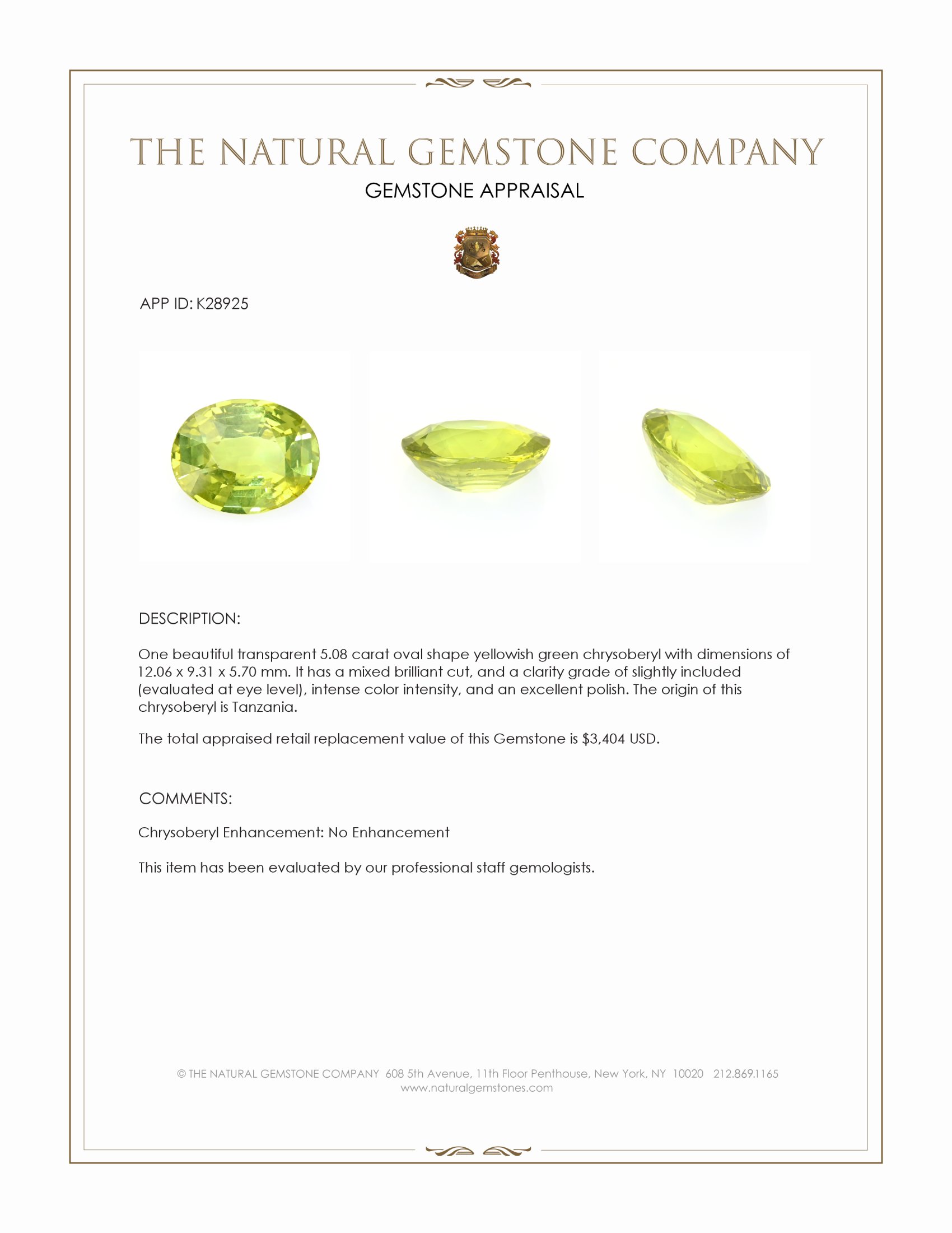 5.08 Ct. Yellowish Green Chrysoberyl from Tanzania