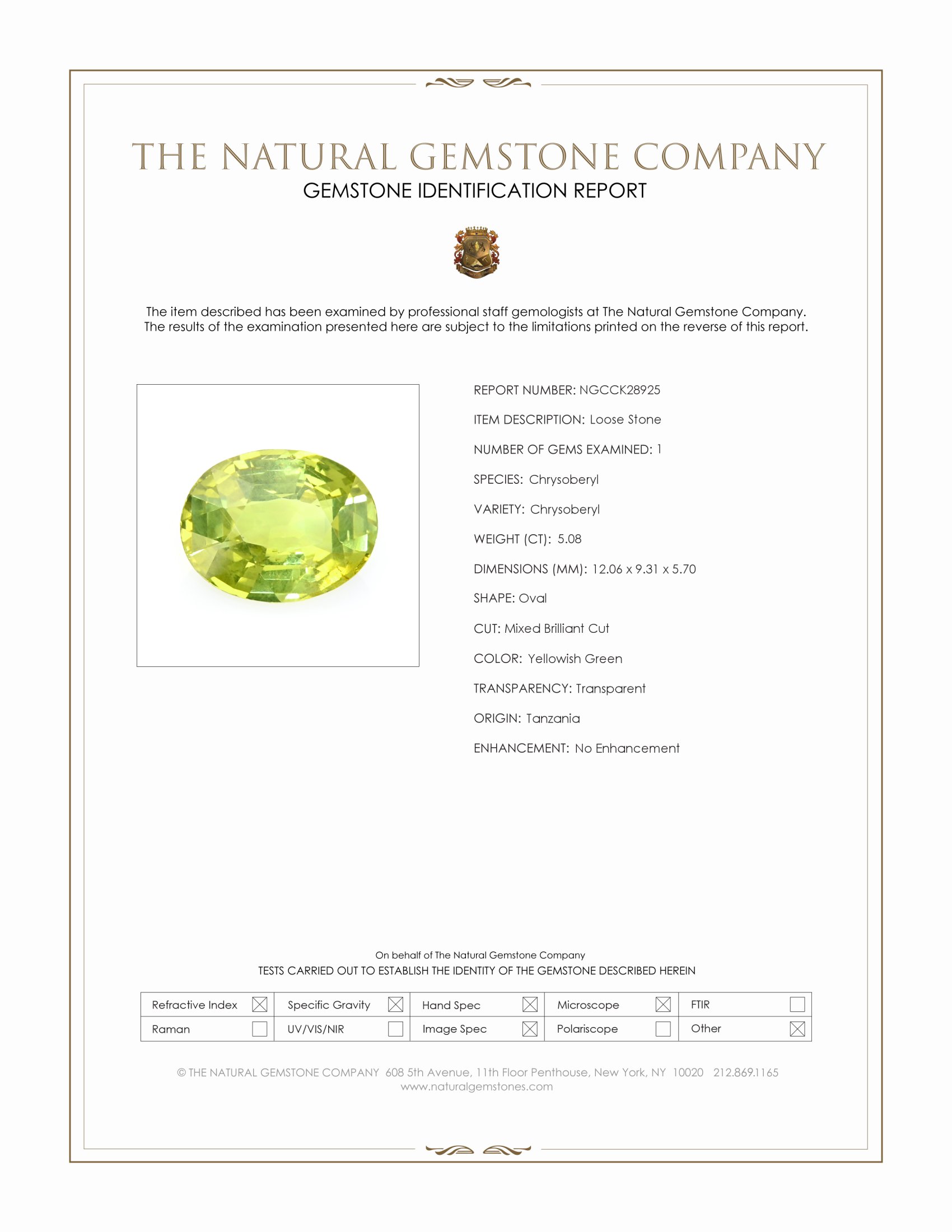 5.08 Ct. Yellowish Green Chrysoberyl from Tanzania