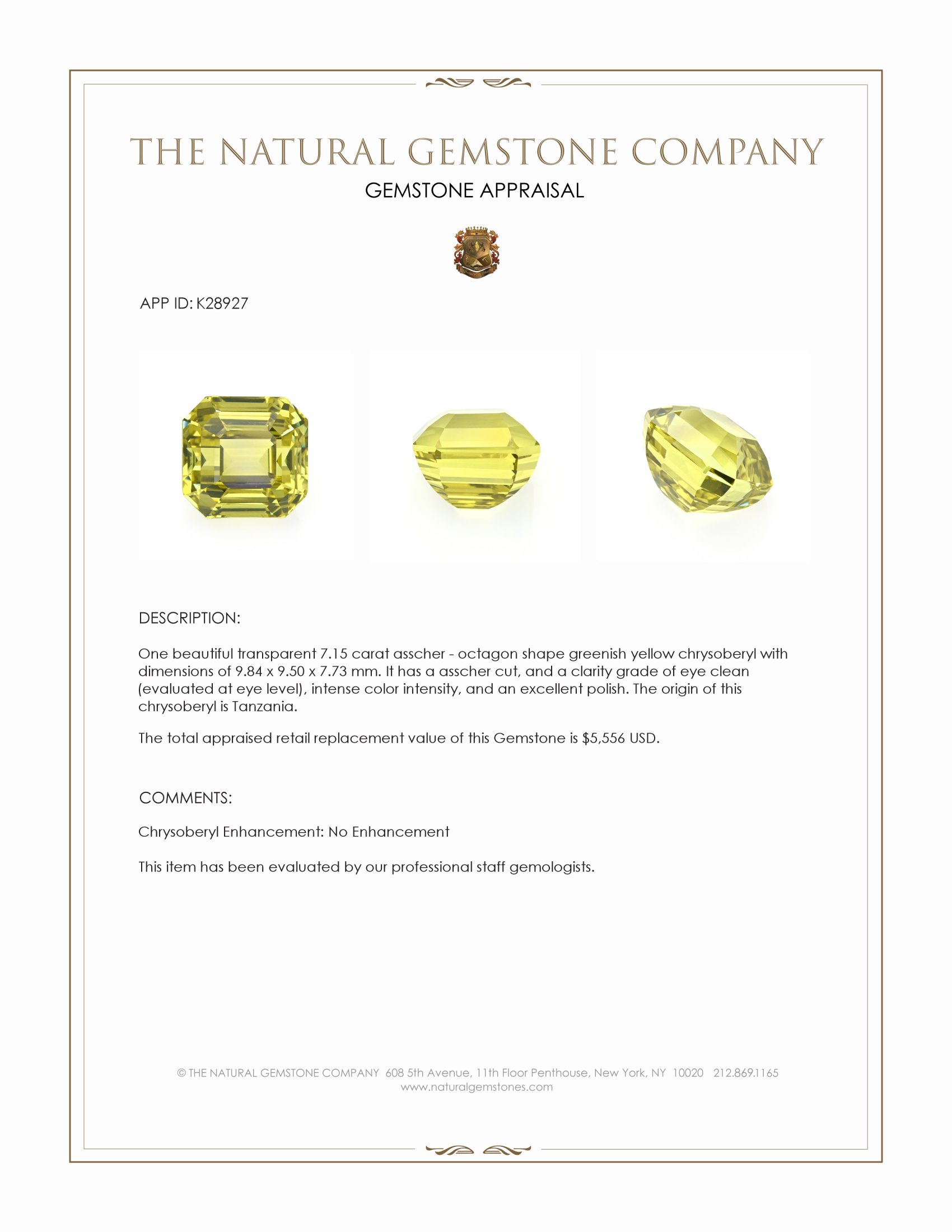 7.15 Ct. Greenish Yellow Chrysoberyl from Tanzania