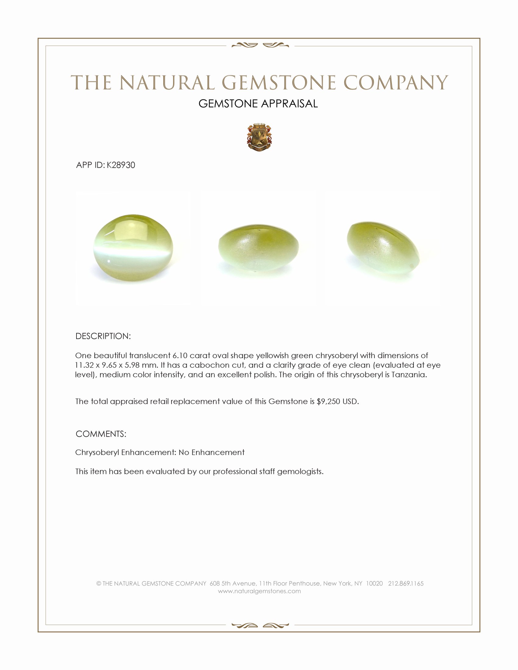 6.10 Ct. Yellowish Green Cabochon Chrysoberyl from Tanzania