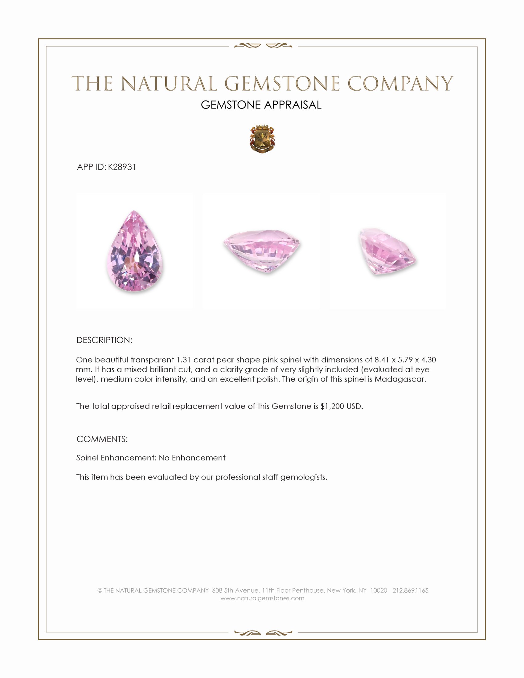 1.31 Ct. Pink Spinel from Madagascar